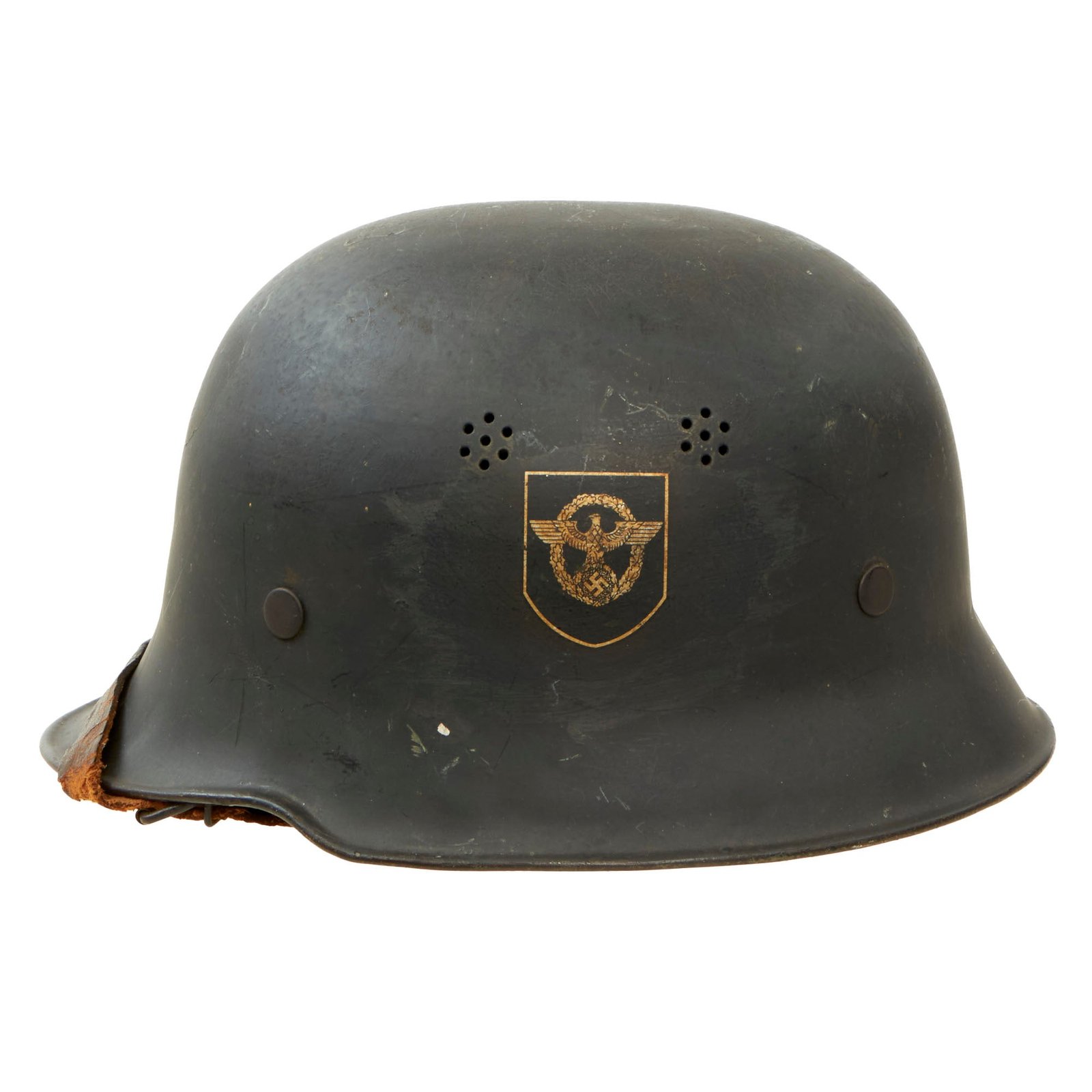 Buy Original German WWII M34 Square Dip NSDAP Double Decal Civic Police Steel Helmet with Liner & Chinstrap - Ordnungspolizei | Original Firearms Antique For Sale