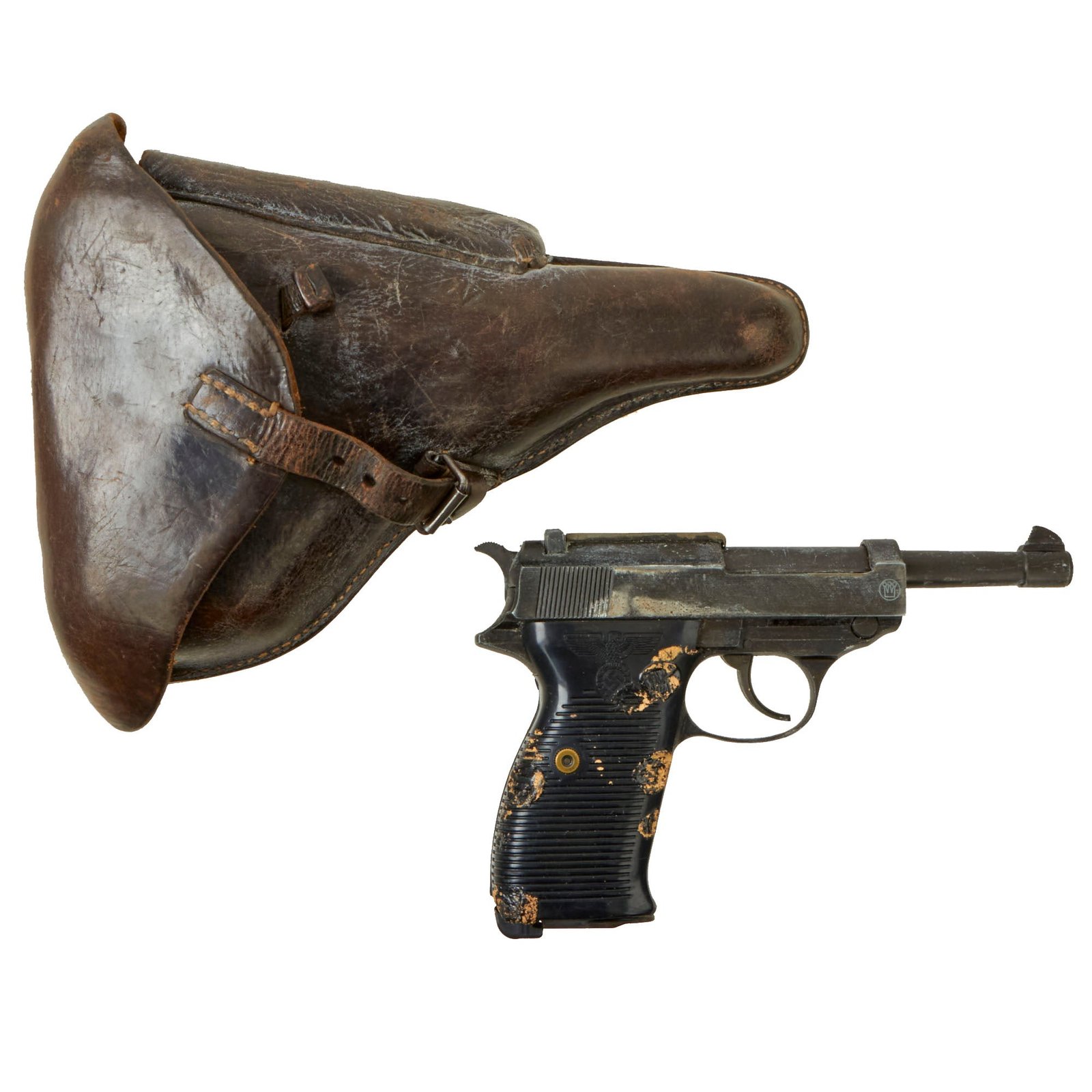 Buy Original German WWII P08 Luger Brown Leather Repaired Hardshell Holster with Walther P.38 Plug Fire Gun by MGC Japan | Original Firearms Antique For Sale