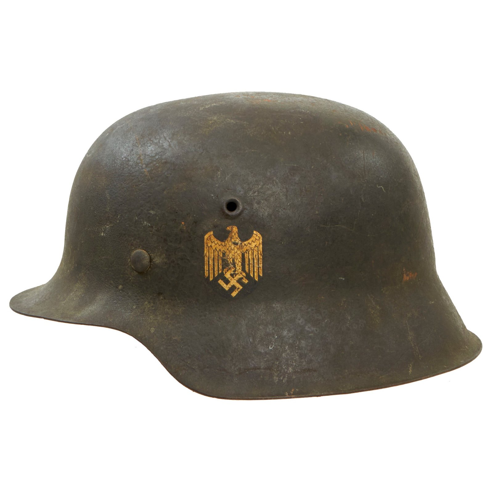 Buy Original Rare German WWII Kriegsmarine Navy Single Decal M42 Helmet with Textured Paint, 58cm Liner & Broken Chinstrap - ET66 | Original Firearms Antique For Sale