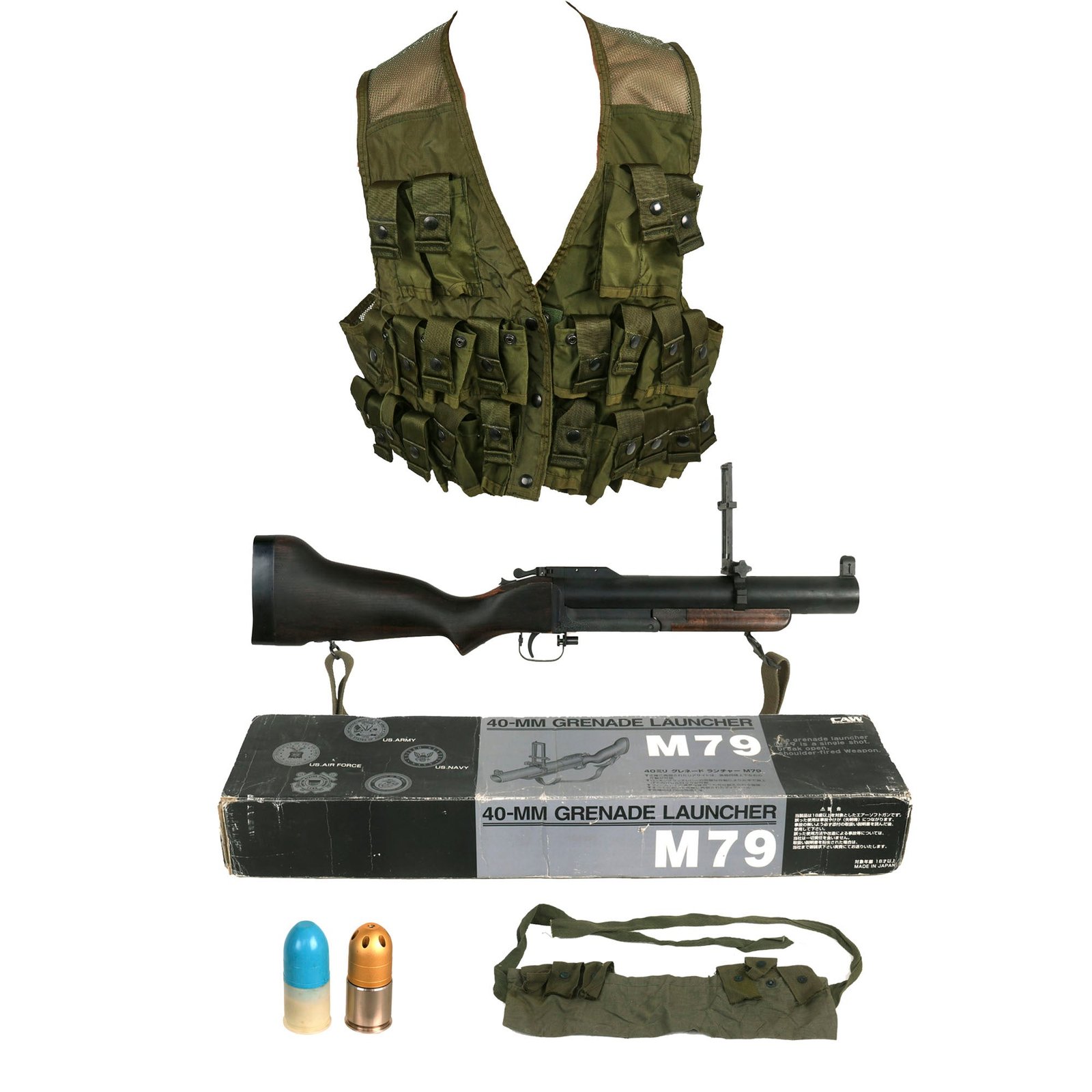 Buy U.S. Vietnam War Replica M79 Inert Grenade Launcher with Ammunition Vest and Accessories in Original Box | Original Firearms Antique For Sale