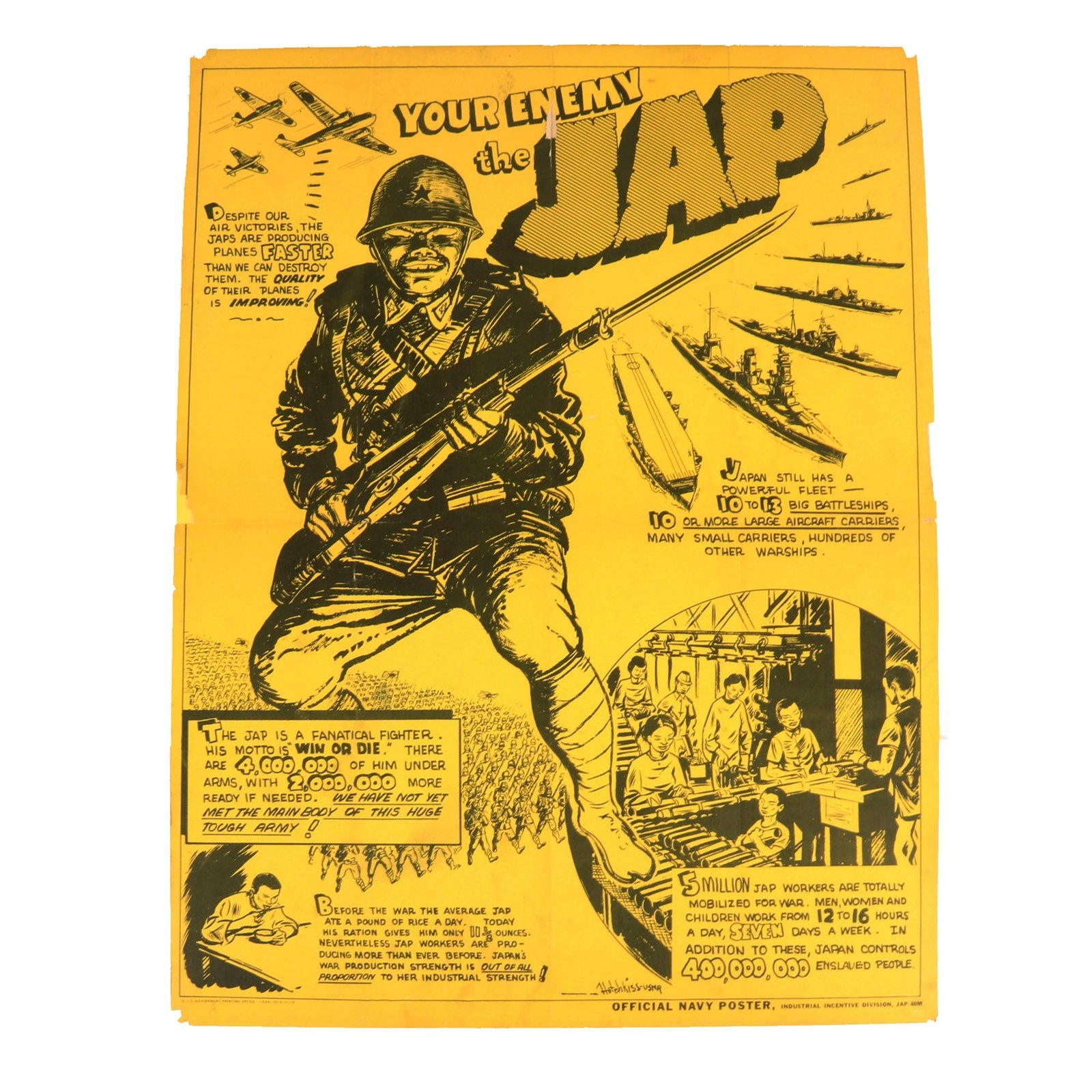 Buy Original U.S. WWII Anti-Japanese Official U.S. Navy 1944 Propaganda Poster - Your Enemy the Jap - 18” x 23 ½" | Original Firearms Antique For Sale