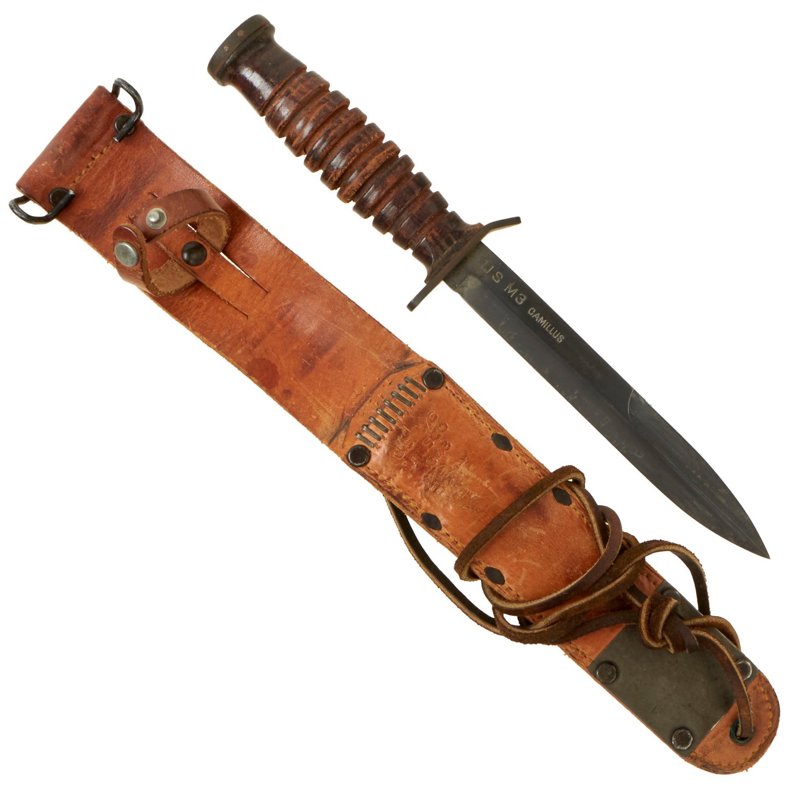 Buy Original U.S. WWII M3 Blade Marked Fighting Knife by Camillus with 1943 dated M6 Leather Scabbard | Original Firearms Antique For Sale