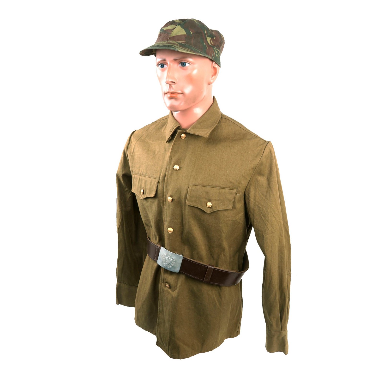 Buy Original Cuban Army Uniform Captured During 1983 U.S. Invasion of Grenada - Camouflage Fatigue Cap, Shirt, Belt with Cuban Army Buckle | Original Firearms Antique For Sale