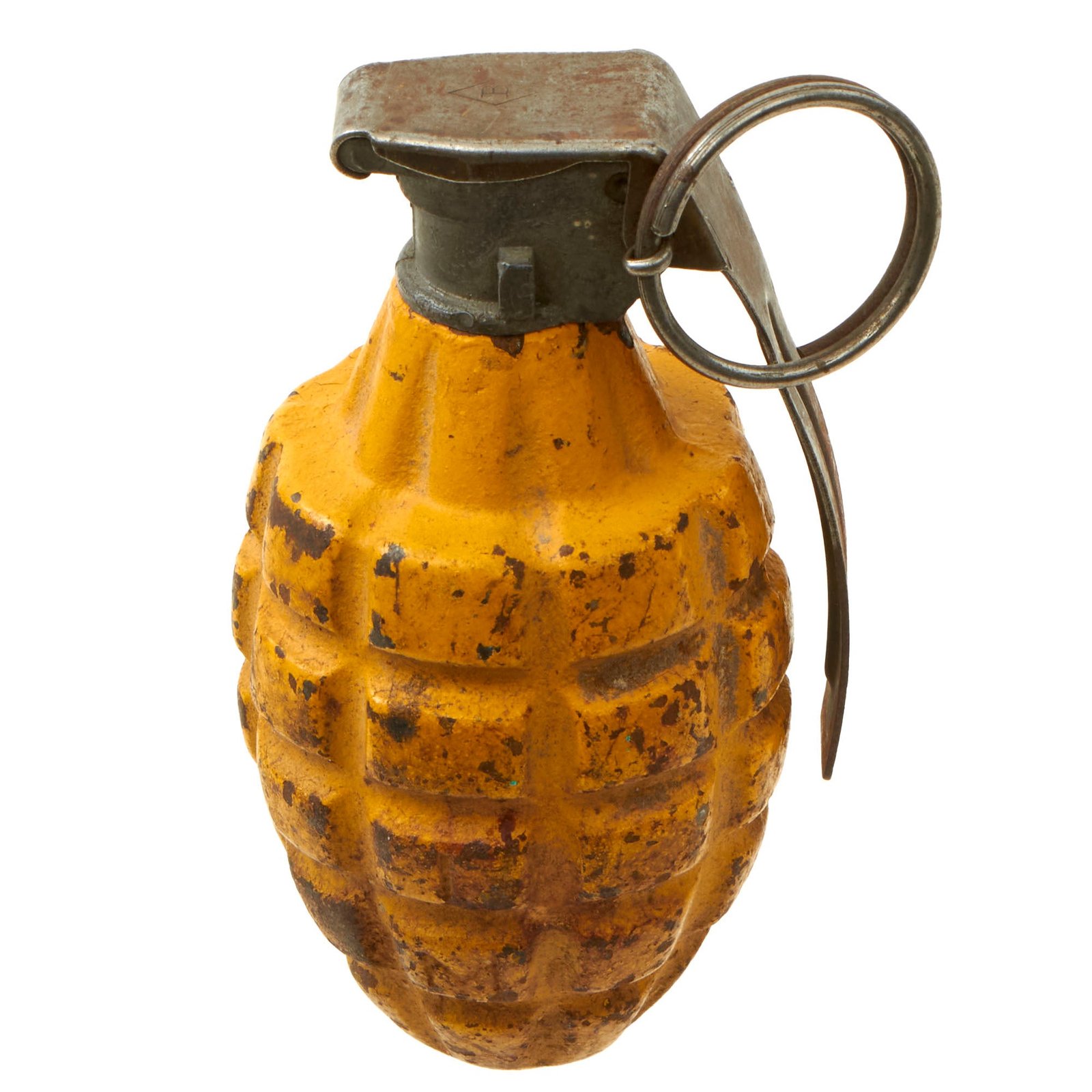 Buy Original U.S. Pre-WWII Inert MkII Yellow Early War High Explosive Pineapple Grenade with MkII Cutback Fuze with Short Spoon | Original Firearms Antique For Sale