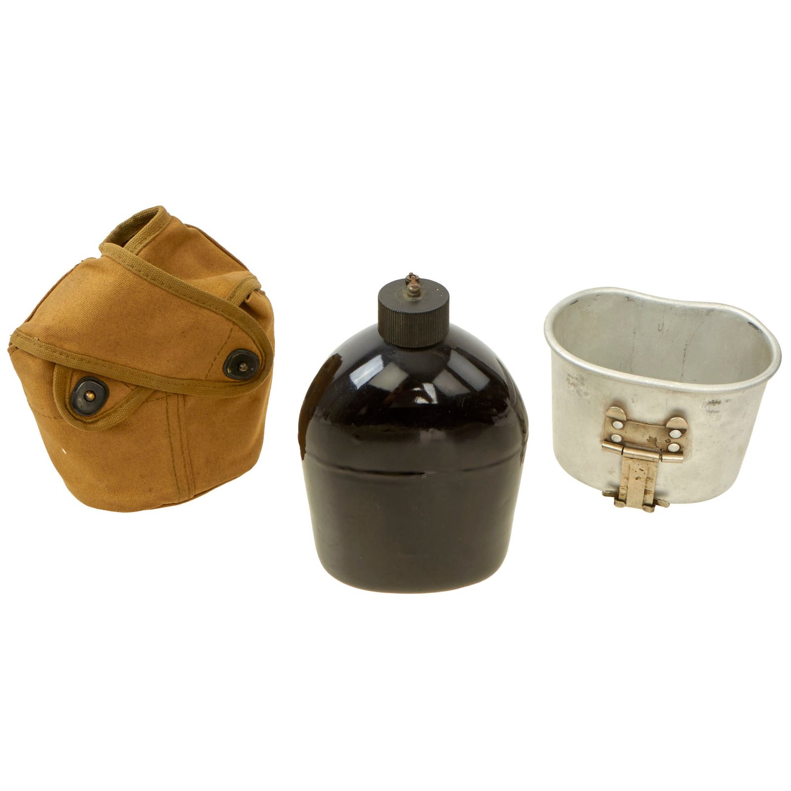 Buy Original U.S. WWII U.S.M.C. Rabbit Ear 1942-Dated Black Enamel Canteen & Aluminum Cup | Original Firearms Antique For Sale