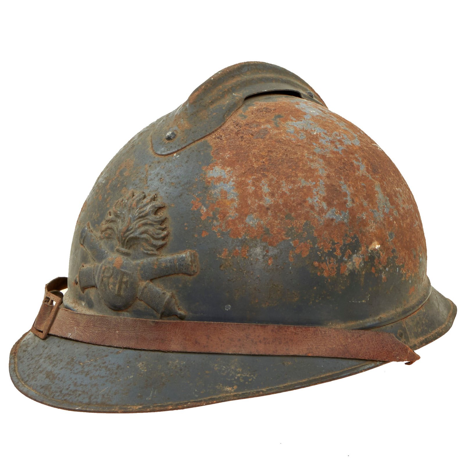 Buy Original French WWI Model 1915 Adrian Helmet in Horizon Blue with Artillery RF Badge and Scarce 1st Pattern Liner - Complete | Original Firearms Antique For Sale