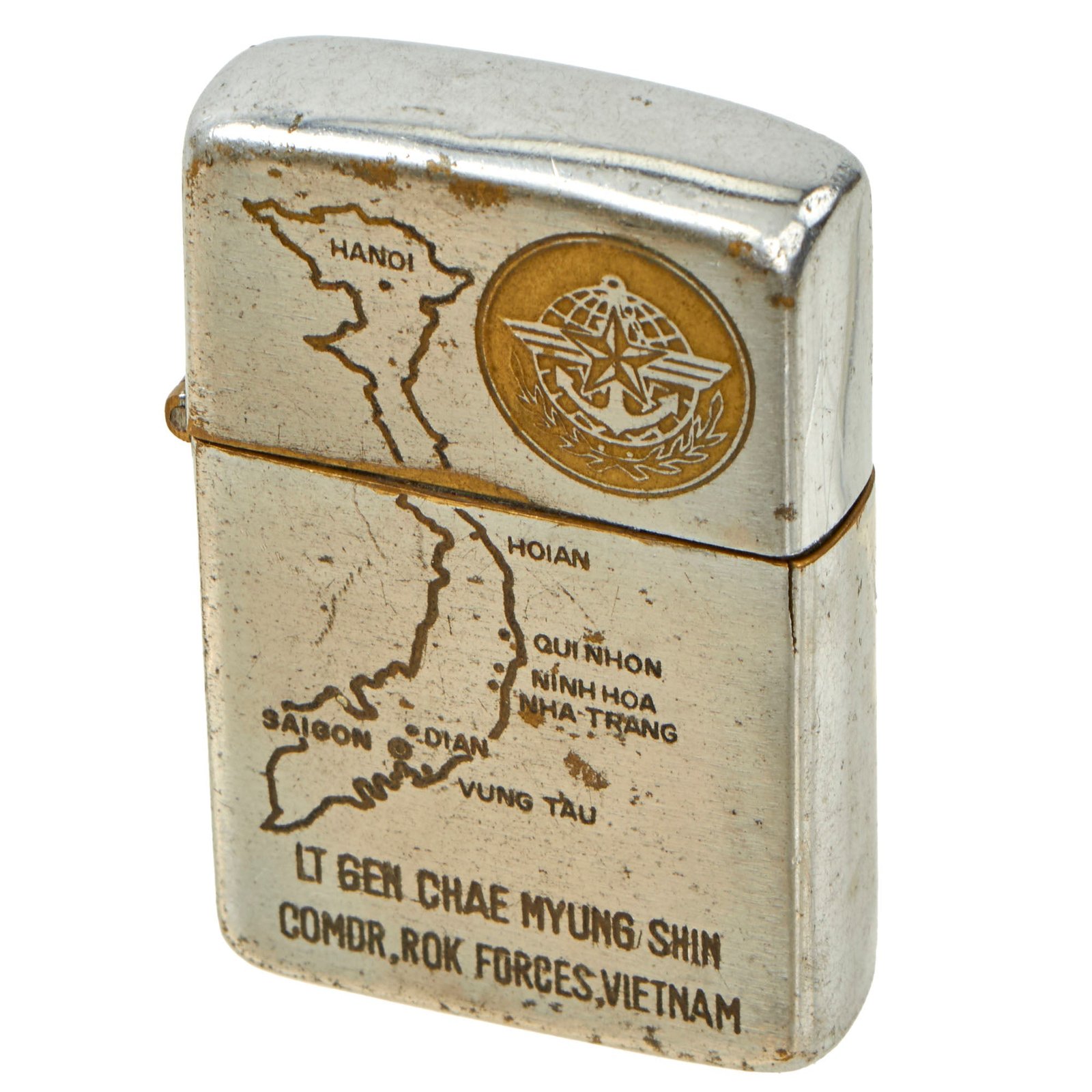 Buy Original Vietnamese Vietnam War Korean-Made Zippo Style Lighter Presented by Commander of ROK Forces to Soldier, Name Carved on Front | Original Firearms Antique For Sale