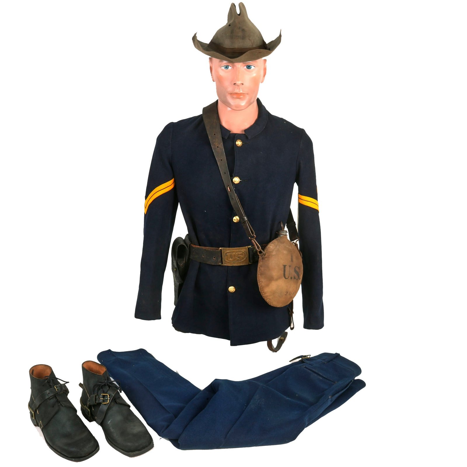 Buy Original U.S. Indian Wars / Spanish-American War Cavalry Corporal Uniform Set - Includes Boots, Blouse, Trousers, Campaign Hat, Belt/Holster and Canteen With Sling | Original Firearms Antique For Sale