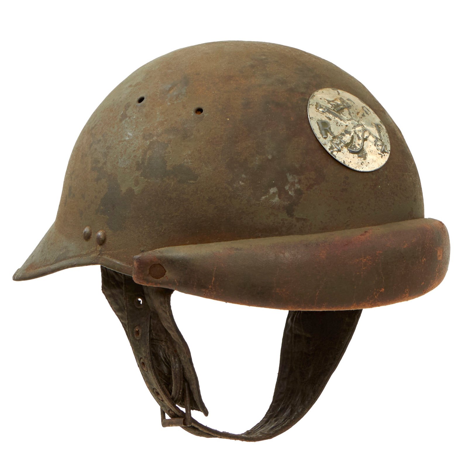 Buy Original French WWII Model 1935 Tanker Armored Vehicle Helmet with Artillery Badge | Original Firearms Antique For Sale