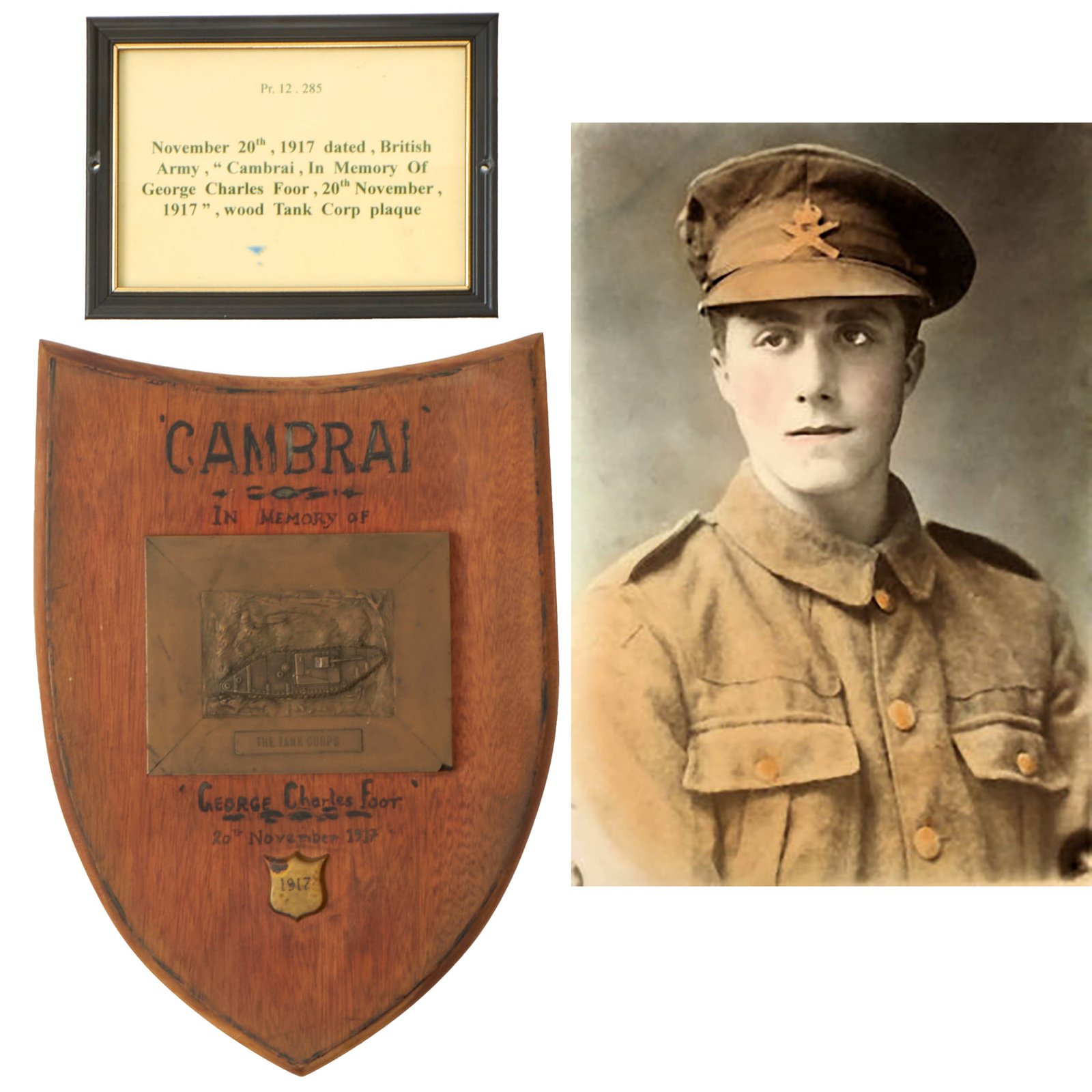 Buy Original British WWI Tank Corps Memorial Plaque For Lance Corporal George Charles Foot, DCM, of ‘D’ Battalion, Tank Corps - Killed In Action November 20th, 1917 at Cambrai | Original Firearms Antique For Sale