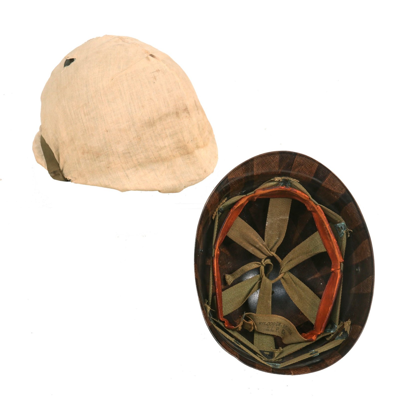 Buy Original U.S. WWII Early 1942 M1 McCord Front Seam Fixed Bale Helmet with Field Made Snow Camouflage Cover and Westinghouse Liner | Original Firearms Antique For Sale