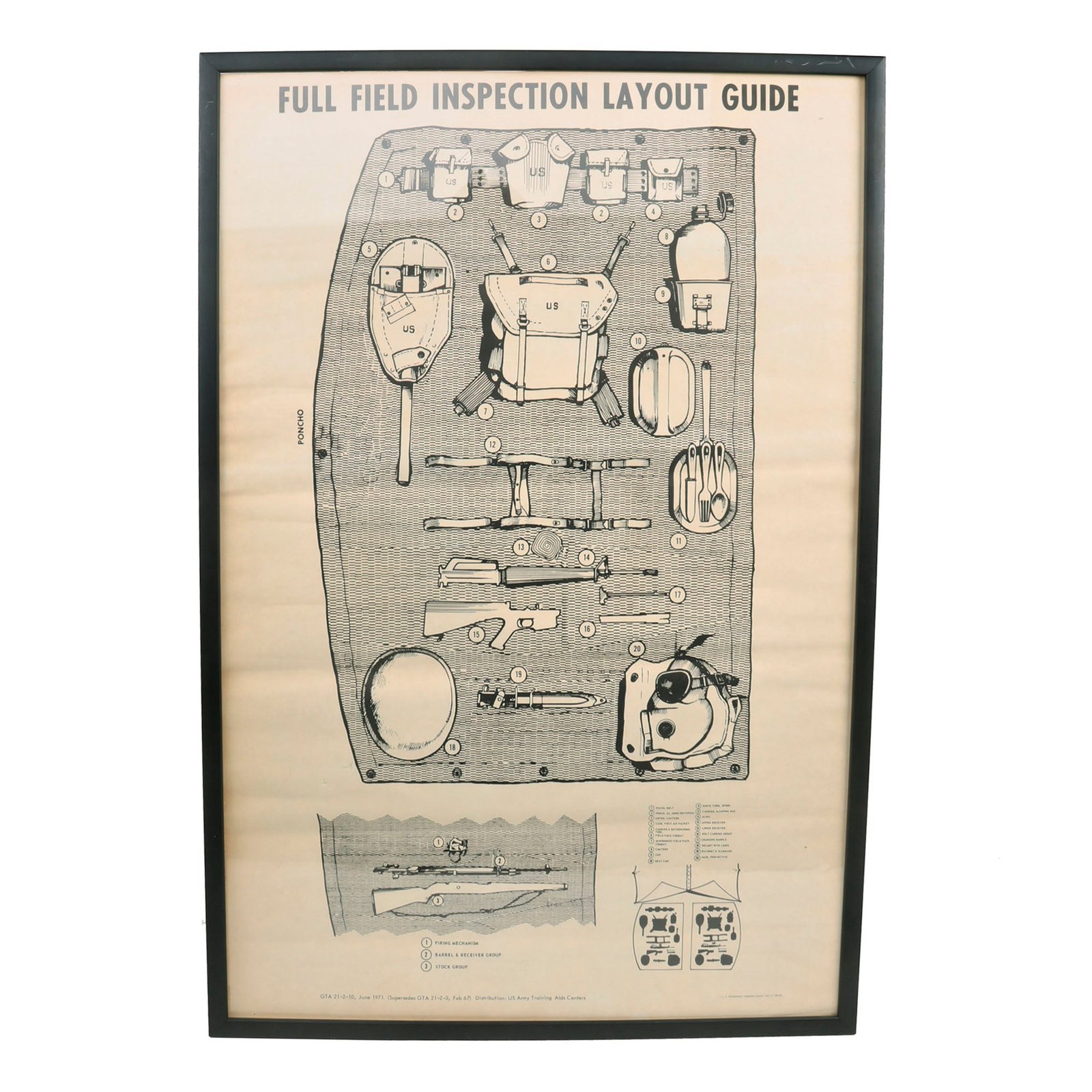 Buy Original U.S. Vietnam War Era M-1956 Load-Carrying Equipment Full Field Inspection Layout Guide Dated 1971 - 38” x 25 ⅜”, Framed - Formerly A.A.F. Tank Museum Collection | Original Firearms Antique For Sale