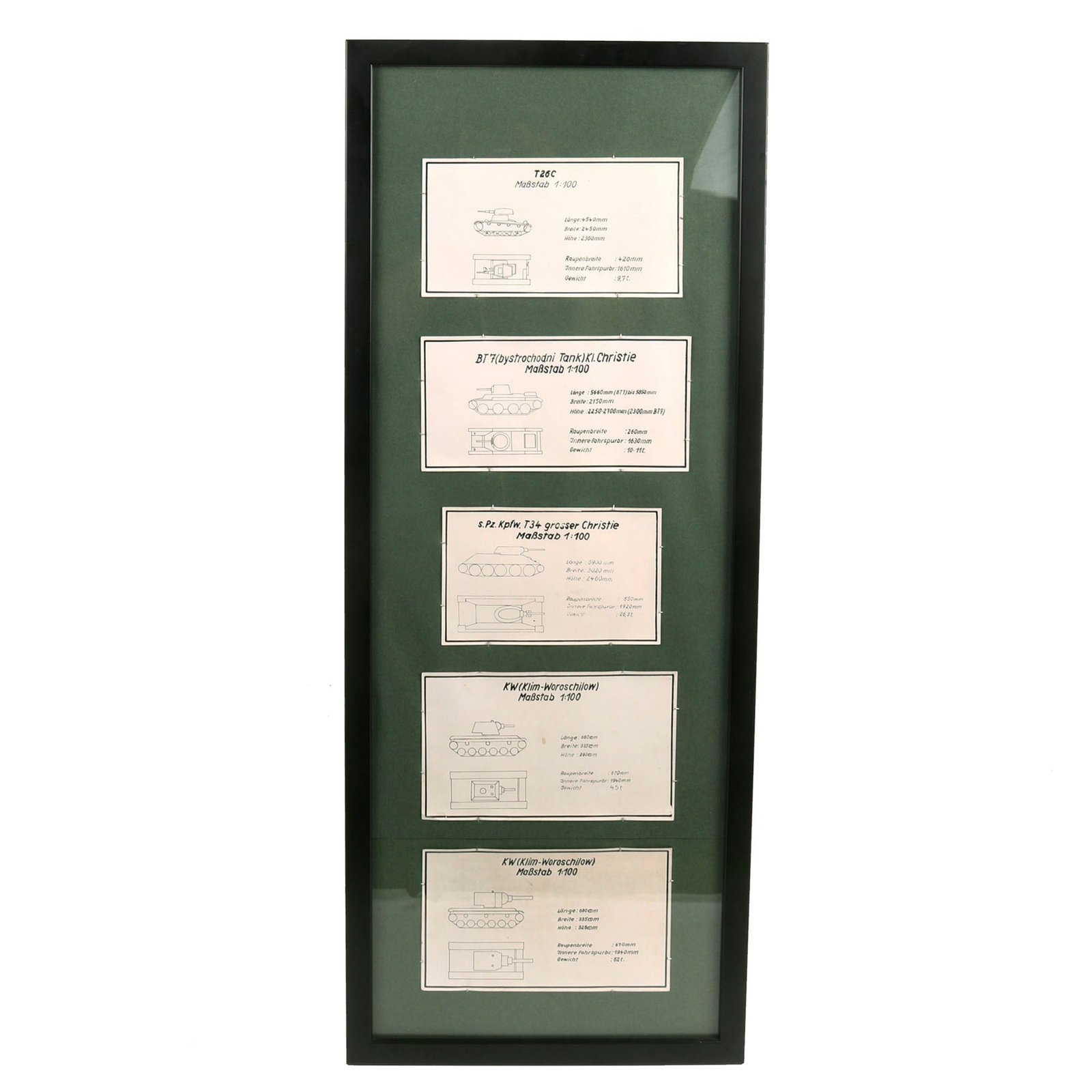 Buy Original German WWII Set of Five 1:100 Scale Soviet Tank Identification Cards Mounted in 13" x 34" Frame - A.A.F. Tank Museum | Original Firearms Antique For Sale