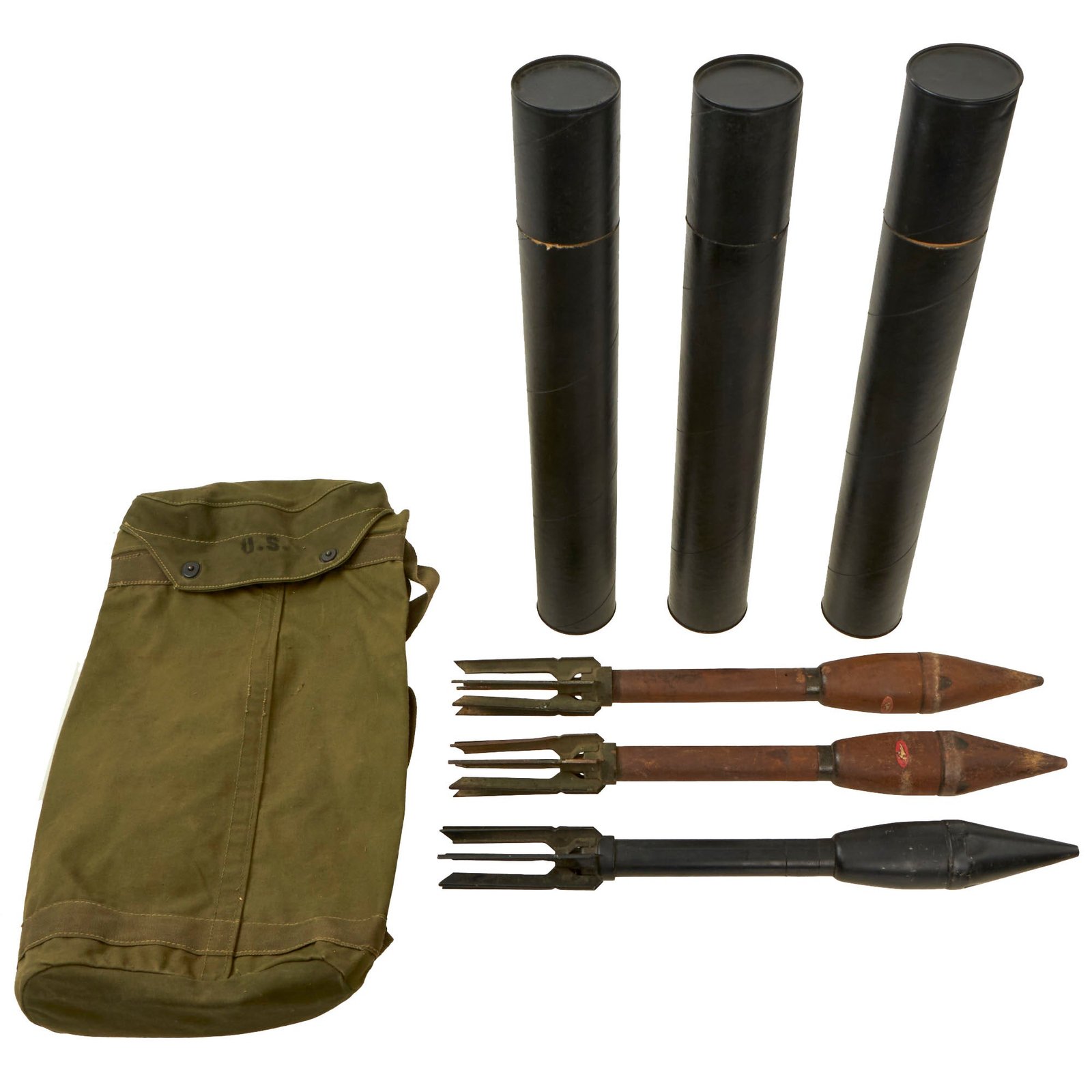Buy Original U.S. WWII Second Pattern M6 Bazooka Rocket Bag Dated 1945 With (3) Inert 2.36” Rockets in Replacement Tubes | Original Firearms Antique For Sale