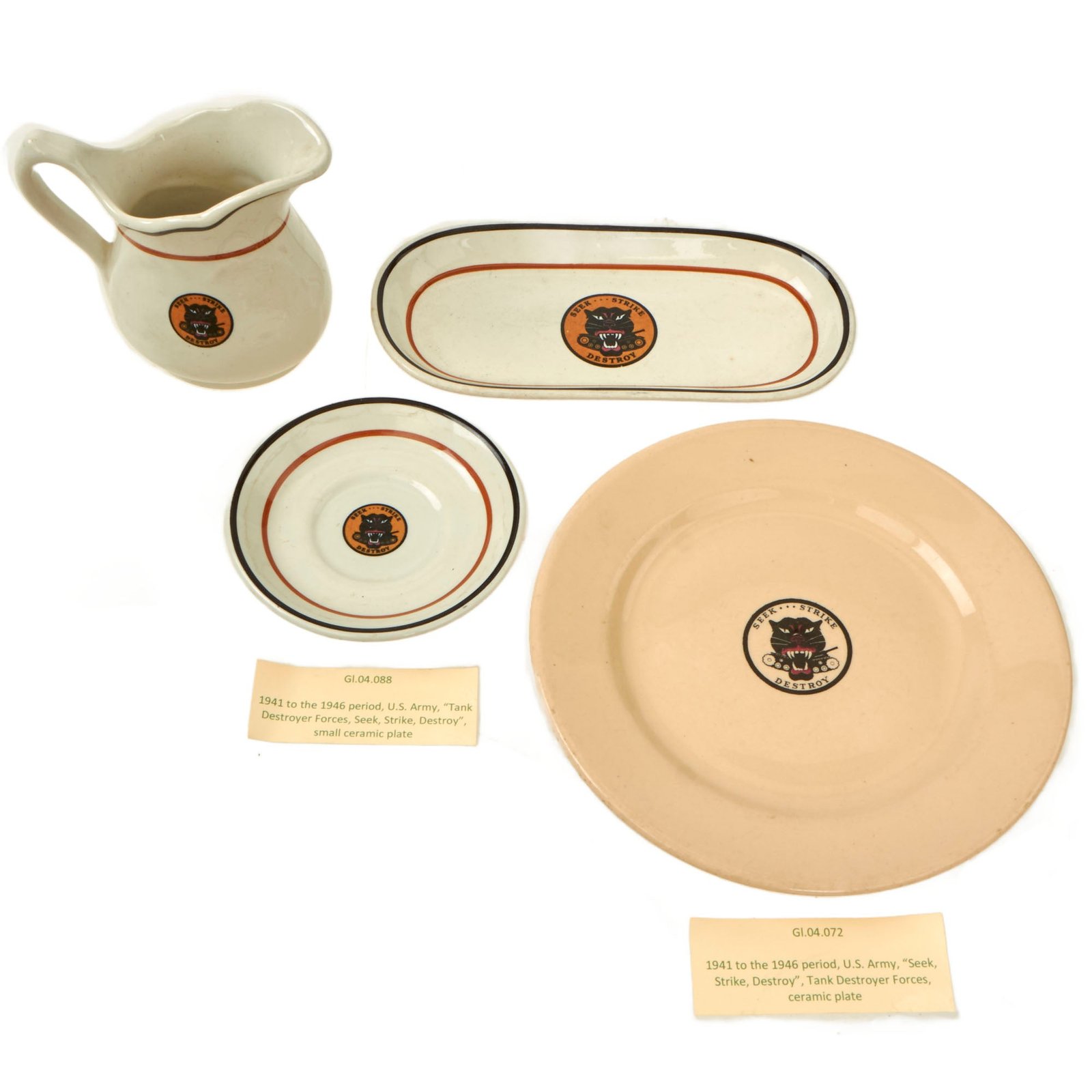 Buy Original U.S. WWII Tank Destroyer “Officer’s Club” Insignia Painted China Set of 4 - Formerly Part of the A.A.F. Tank Museum | Original Firearms Antique For Sale