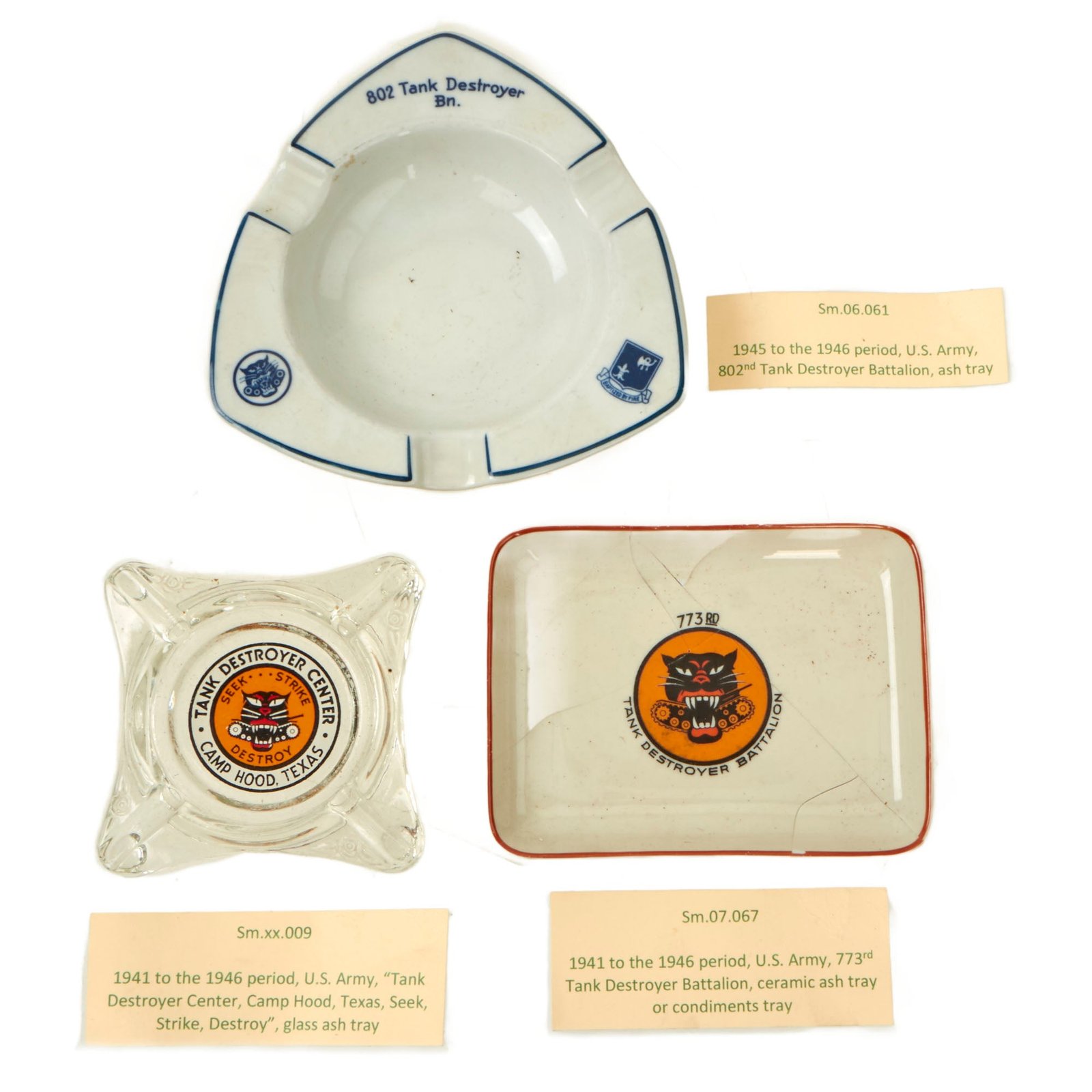 Buy Original U.S. WWII Tank Destroyer “Officer’s Club” Insignia Painted Ashtray Lot of 3 - Formerly Part of the A.A.F. Tank Museum | Original Firearms Antique For Sale
