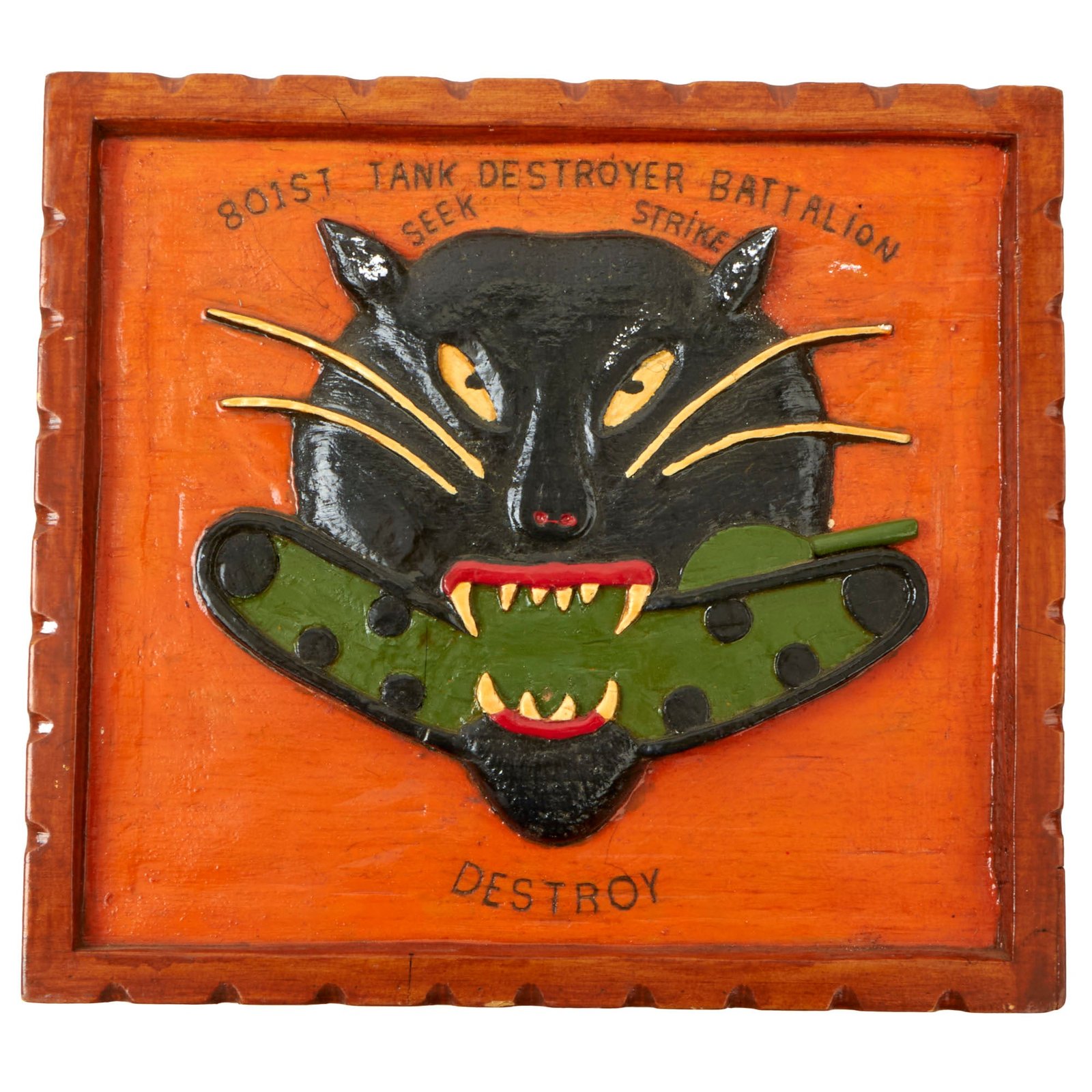 Buy Original U.S. WWII Era Hand-Carved 801st Tank Destroyer Battalion Wood Plaque - 10” x 9” | Original Firearms Antique For Sale
