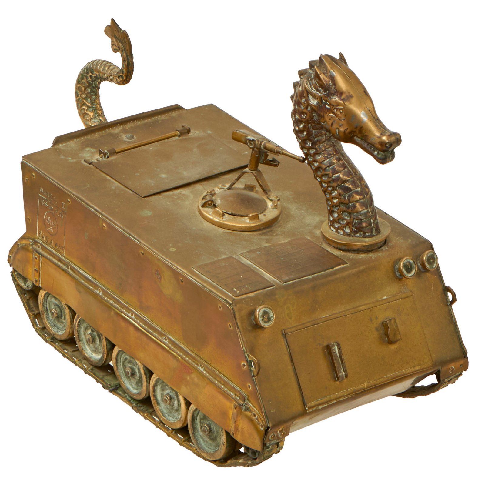 Buy Original U.S. Vietnam War Era 1960s Brass M113 Armored Personnel Carrier With Butane Fueled Dragon Head “Flamethrower” Spout - Marked “Manchu” For US 9th Infantry Regiment - Formerly A.A.F. Tank Museum Collection | Original Firearms Antique For Sale
