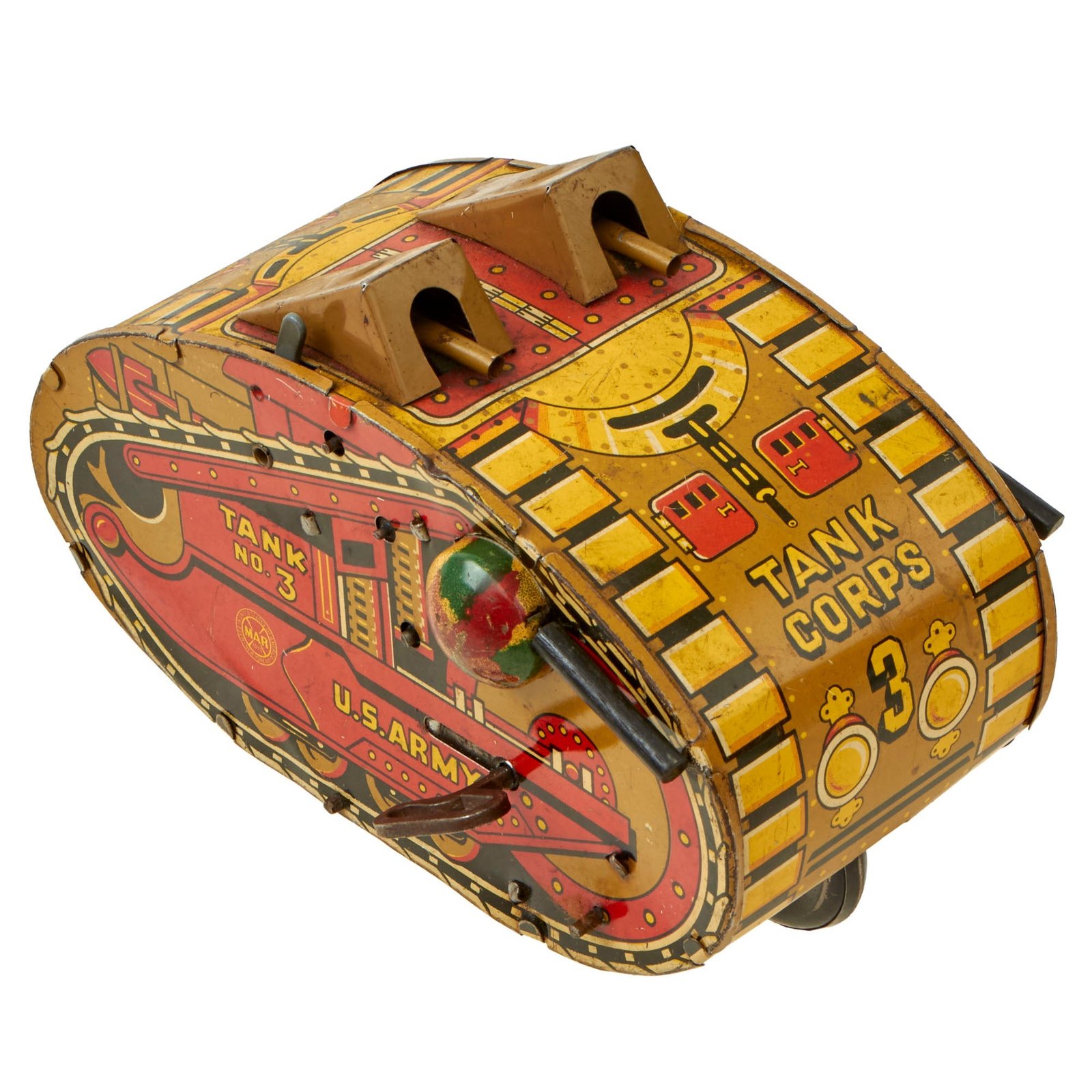 Buy Original U.S. Inter-War Era Fully Functional WWI Tin Mechanical Windup Tank “No. 3” Toy Manufactured by Louis Marx & Co - Formerly A.A.F. Tank Museum Collection | Original Firearms Antique For Sale