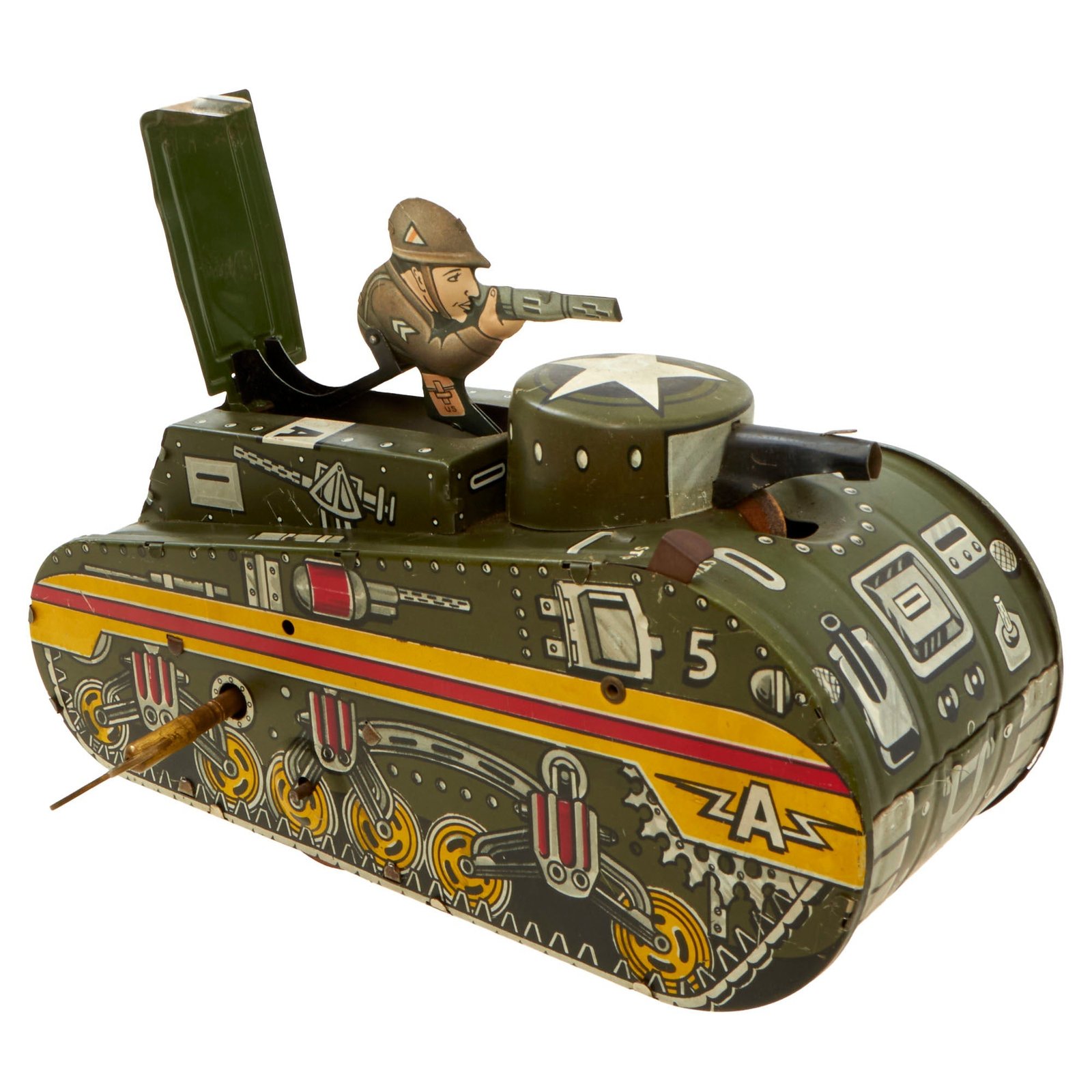 Buy Original U.S. WWI Fully Functional Tin Mechanical Windup M2 Light Tank Style Toy Manufactured by Louis Marx & Co With Popout Rifleman - Formerly A.A.F. Tank Museum Collection | Original Firearms Antique For Sale