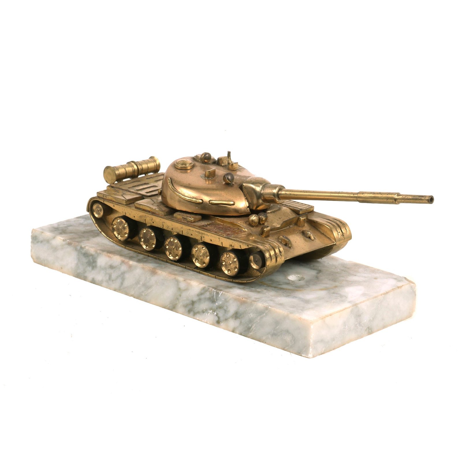 Buy Original Soviet Cold War Era Brass Model T-55 Battle Tank Mounted on 3½ x 8” Marble Base Adjustable Barrel | Original Firearms Antique For Sale
