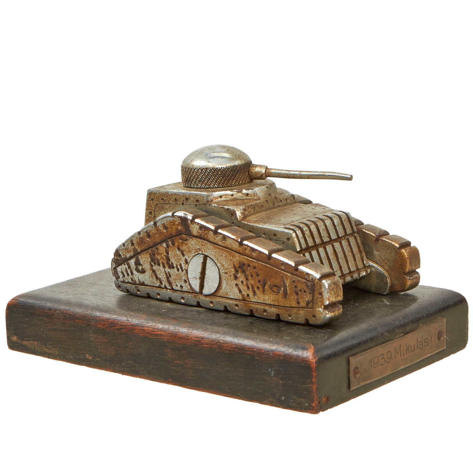 Buy Original Hungarian WWII Tank Trench Art Desk Model on Wood Base marked "1939 Mikulas" - Formerly Part of the A.A.F. Tank Museum | Original Firearms Antique For Sale
