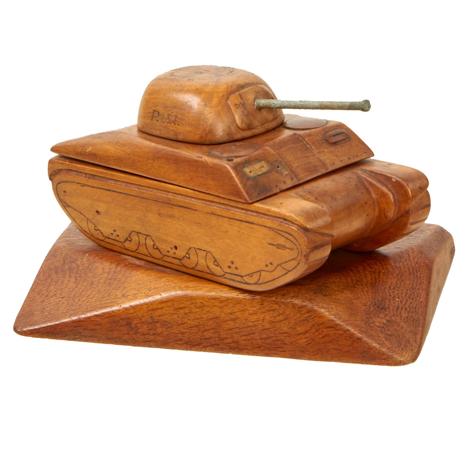 Buy Original U.S. WWII Italian POW Made M4 Sherman Tank Wood Desktop Cigarette Tobacco Box - Formerly A.A.F. Tank Museum Collection | Original Firearms Antique For Sale