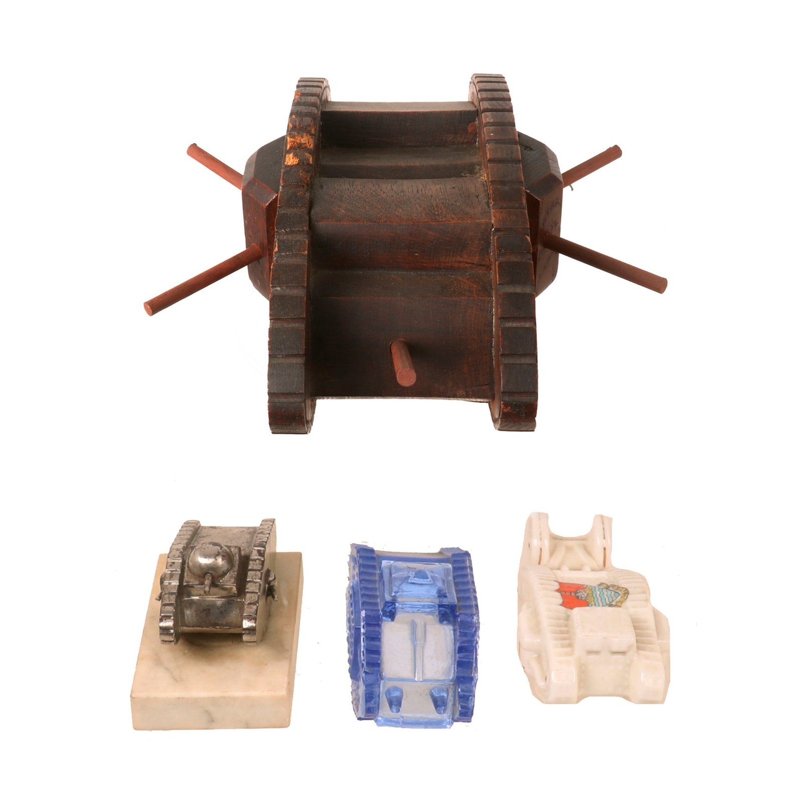 Buy Original British WWI Toy Tank Collection Featuring Wooden & Glass Mk IV Tanks - 4 Items - Formerly A.A.F. Tank Museum Collection | Original Firearms Antique For Sale