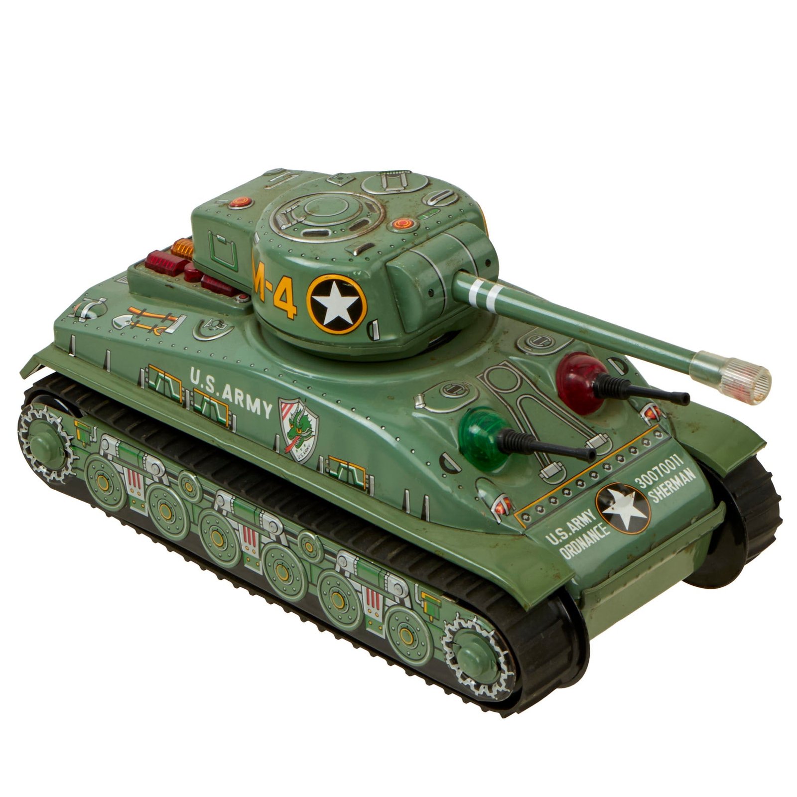 Buy Original U.S. Vietnam War Era 1960s Tin Mechanical Battery Operated M-4 Sherman Tank Toy Manufactured by Taiyo-Japan - Formerly A.A.F. Tank Museum Collection | Original Firearms Antique For Sale