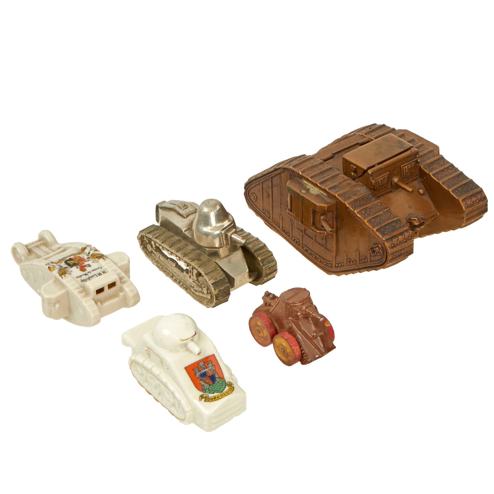 Buy Original British WWI Toy Tank Collection Featuring Brass Mk IV Tank - 5 Items - Formerly A.A.F. Tank Museum Collection | Original Firearms Antique For Sale