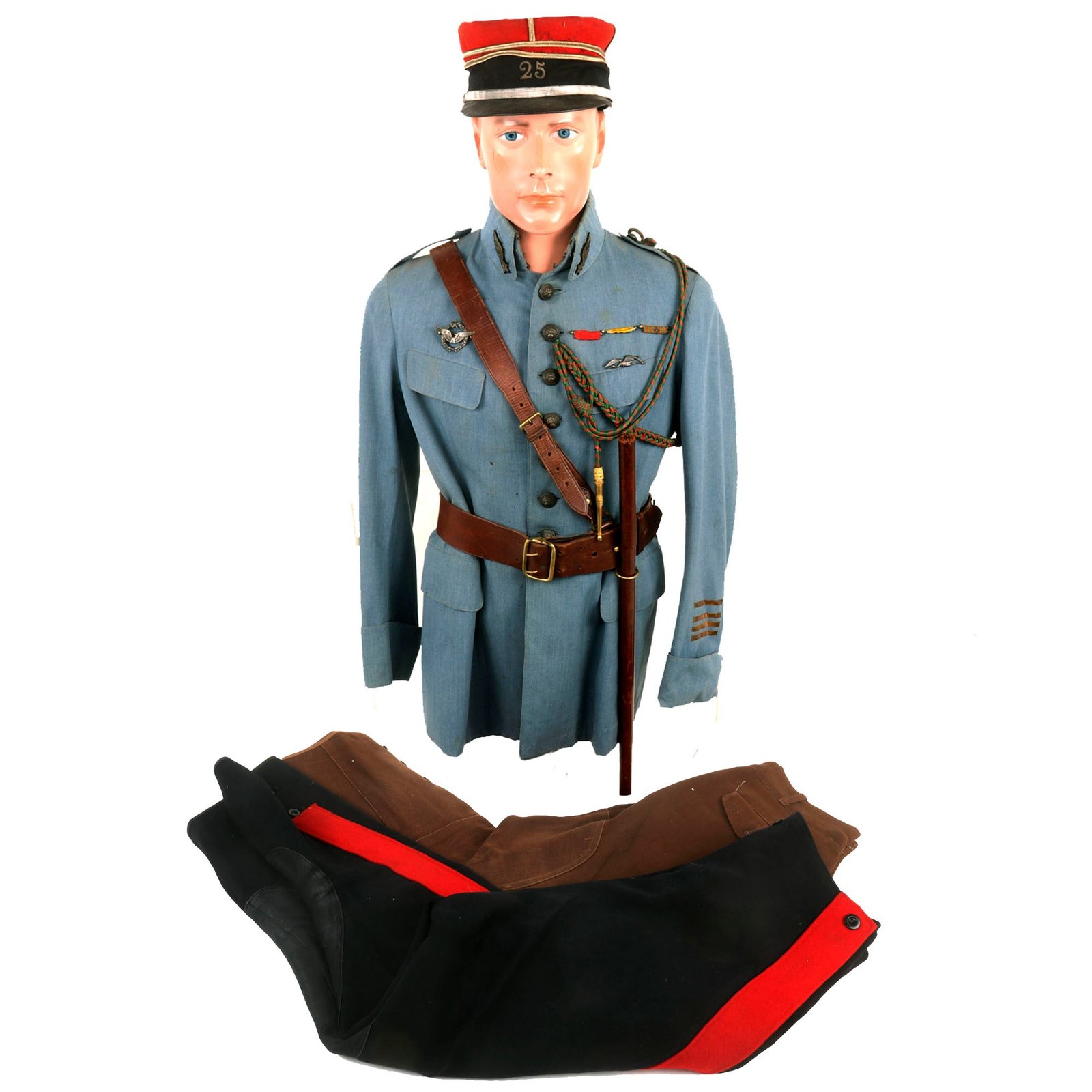 Buy Original France WWI Pilot Armée de l'Air French Air Service Commandant Officer’s Uniform Set With Tunic, Trousers, Sam Browne Belt and Kepi With Squadron Insignia & Swagger Stick - 'Stork Escadrille N3' | Original Firearms Antique For Sale