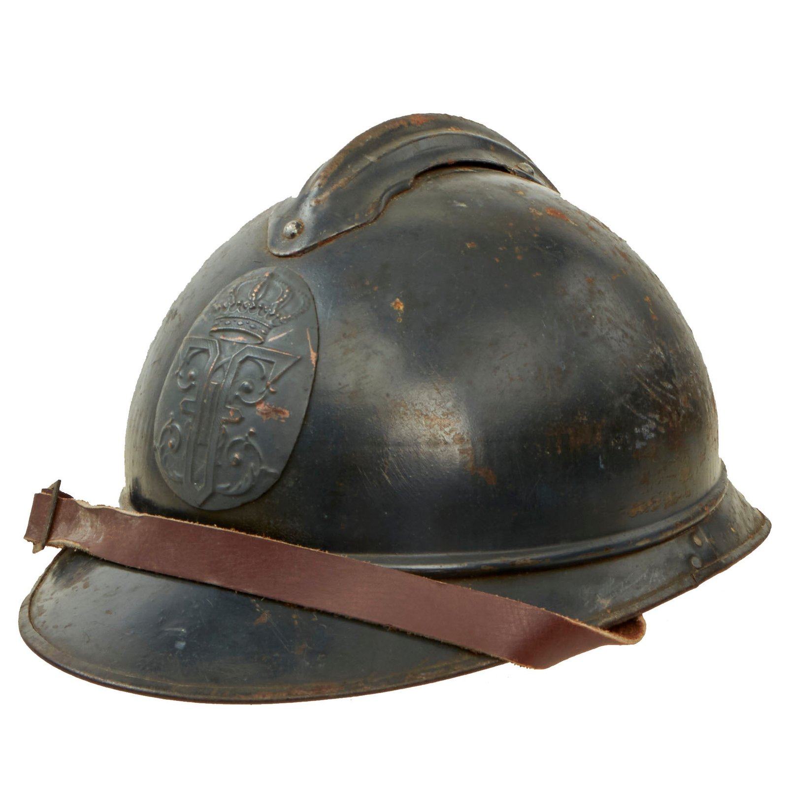 Buy Original RARE WWI Romanian Model 1915 Adrian Helmet with King Ferdinand Badge - Replaced Liner & Chinstrap | Original Firearms Antique For Sale