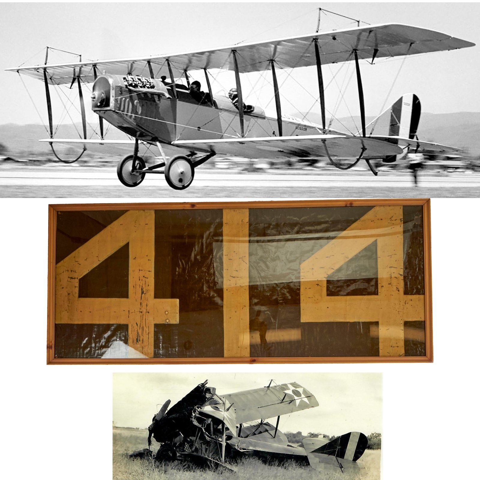 Buy Original U.S. WWI Era Curtiss JN Jenny Framed Aircraft Fabric 414 with Crash Photographs - 25½ x 59½” | Original Firearms Antique For Sale