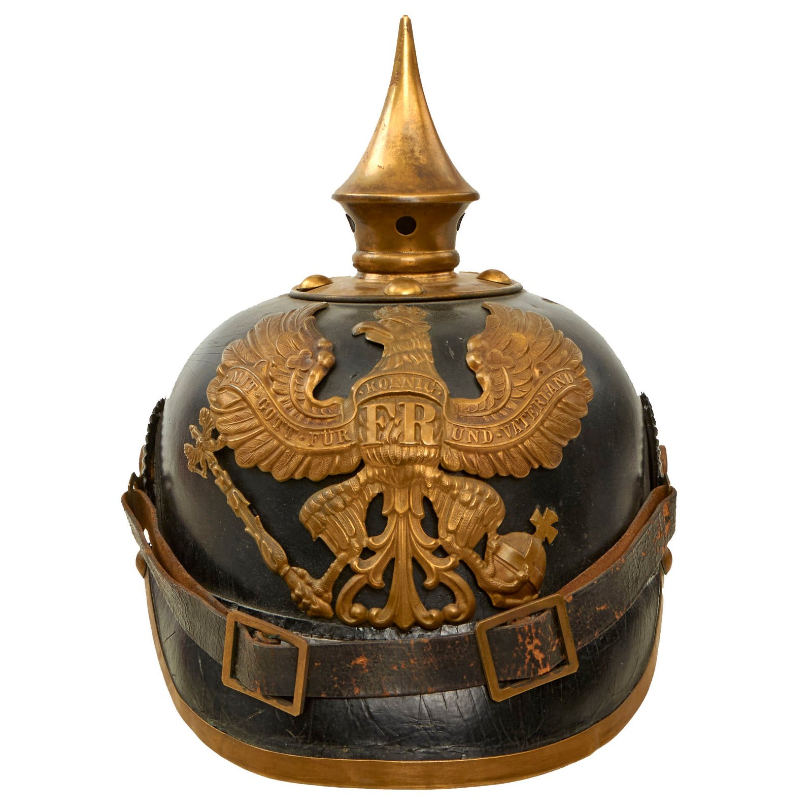 Buy Original German WWI Prussian M1895 Pickelhaube Spiked Helmet with Original Cockades and Chinstrap - Dated 1914 | Original Firearms Antique For Sale