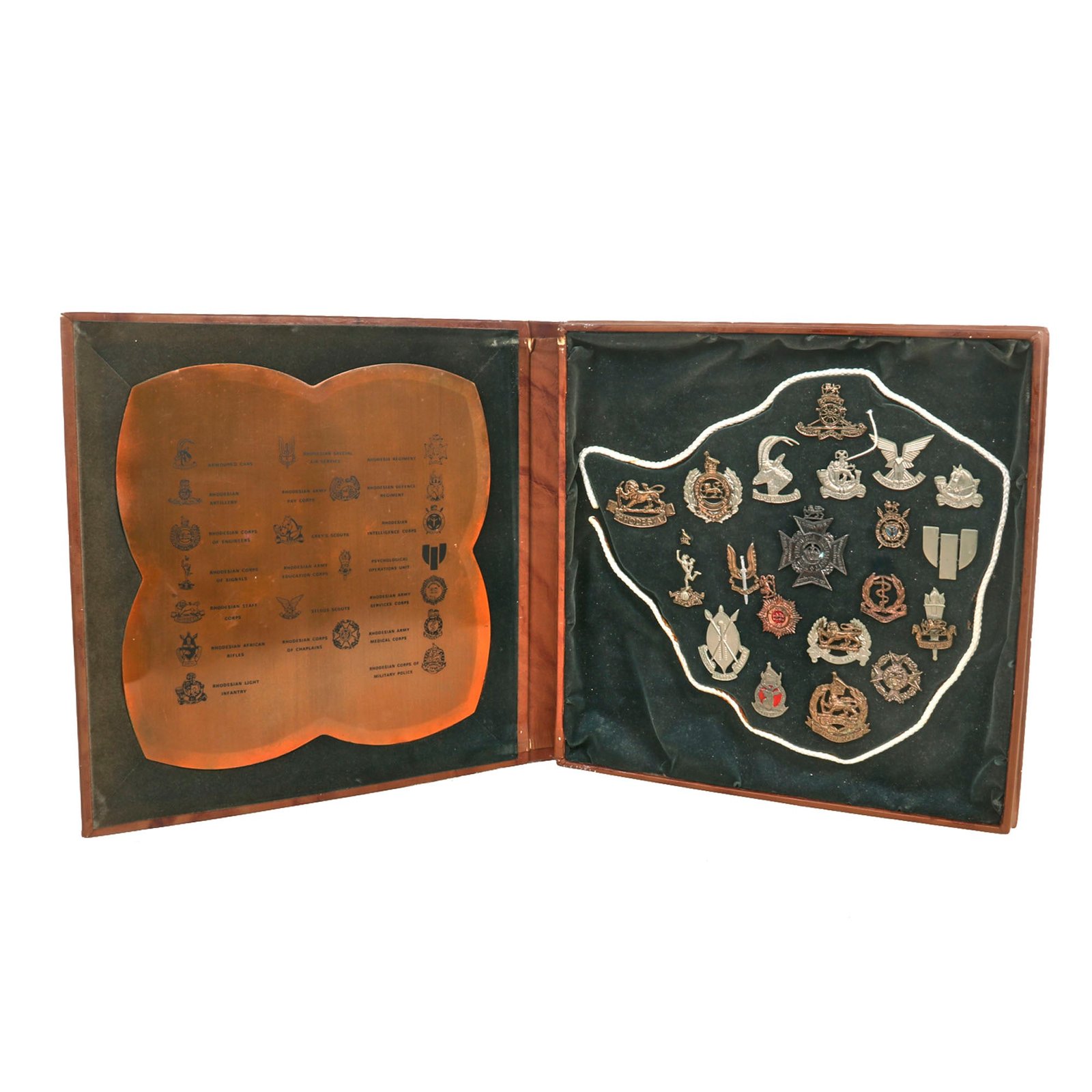 Buy Original Rhodesian Bush War Era Cap Badge Collection in Period Case with Illustration | Original Firearms Antique For Sale