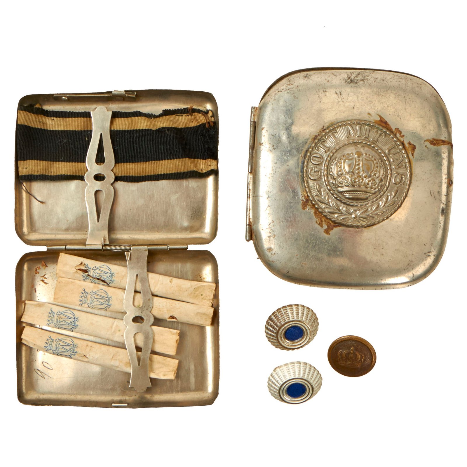 Buy Original Imperial German WWI Pair of Cigarette Cases with Four Original Cigarettes & Iron Cross Ribbon - Bavarian Cockades & Button | Original Firearms Antique For Sale