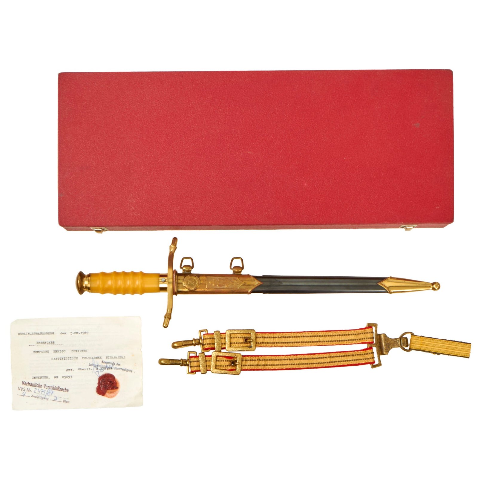 Buy Original Cold War Era East German DDR General Officer’s Dagger Set With Presentation Case Presented to Nicaraguan Sandinista Leader with Wax Seal Award Note | Original Firearms Antique For Sale