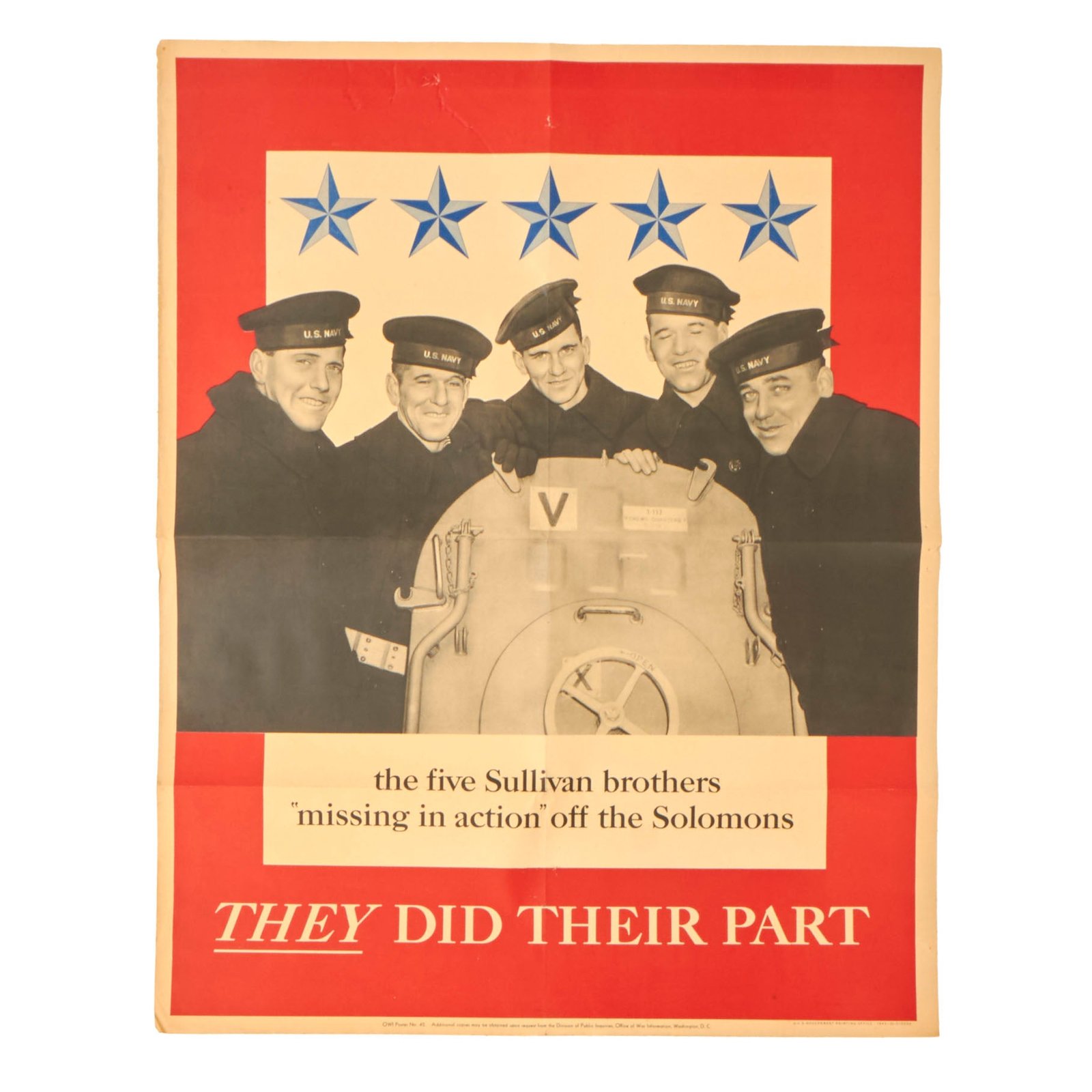 Buy Original U.S. WWII Office of War Information 1943 Propaganda Poster - Sullivan Brothers, They Did Their Part - 22 x 28” | Original Firearms Antique For Sale