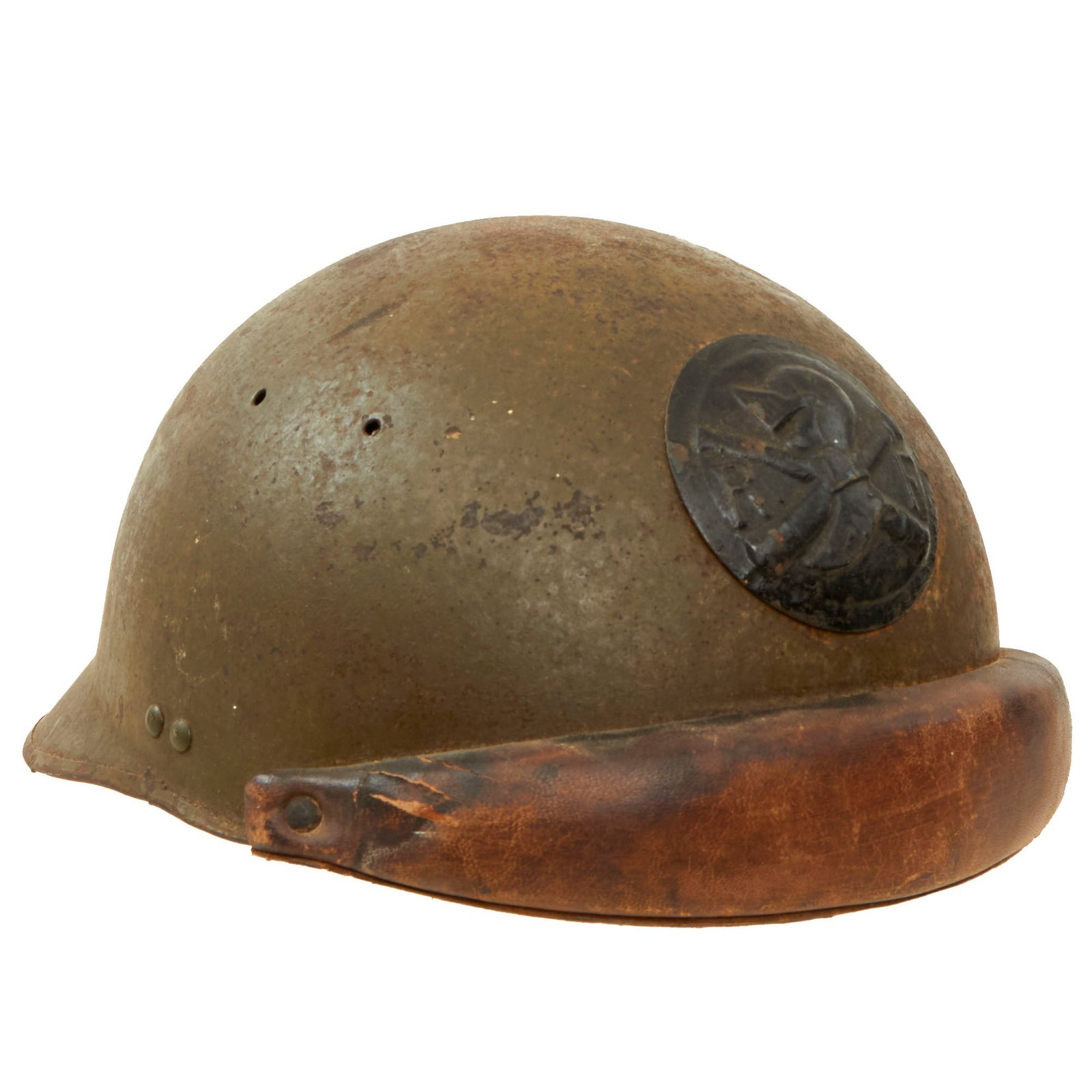 Buy Original French WWII Model 1935 Tanker Armored Vehicle Helmet with Armored Artillery Badge | Original Firearms Antique For Sale