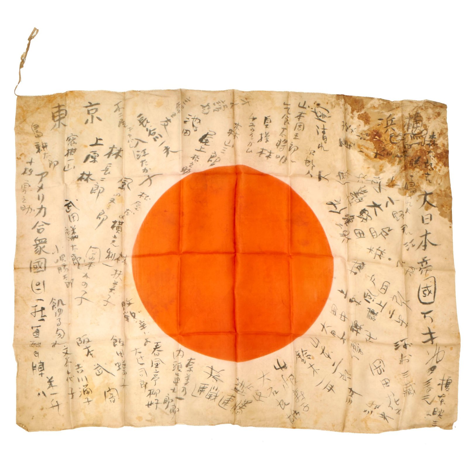 Buy Original Japanese WWII Bloodstained Hand Painted Cloth Good Luck Flag With Lots of Signatures & Mention of America - 28 x 36” | Original Firearms Antique For Sale
