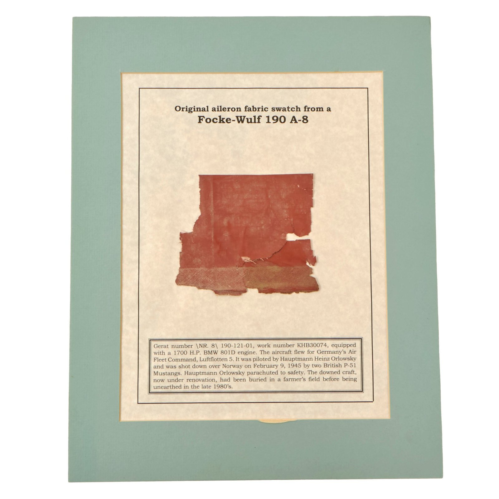 Buy Original German WWII Crashed Focke-Wulf Fw 190 A-8 Fabric Swatch with History of Plane | Original Firearms Antique For Sale