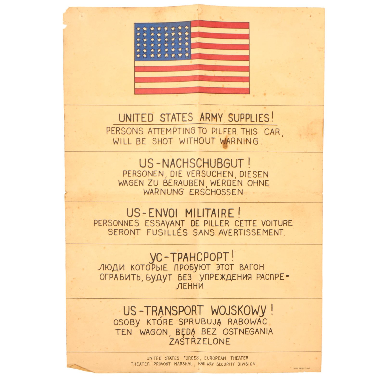 Buy Original U.S. WWII Occupation Railway Security Poster in Five Languages - European Theater - 11¾ x 16½” | Original Firearms Antique For Sale