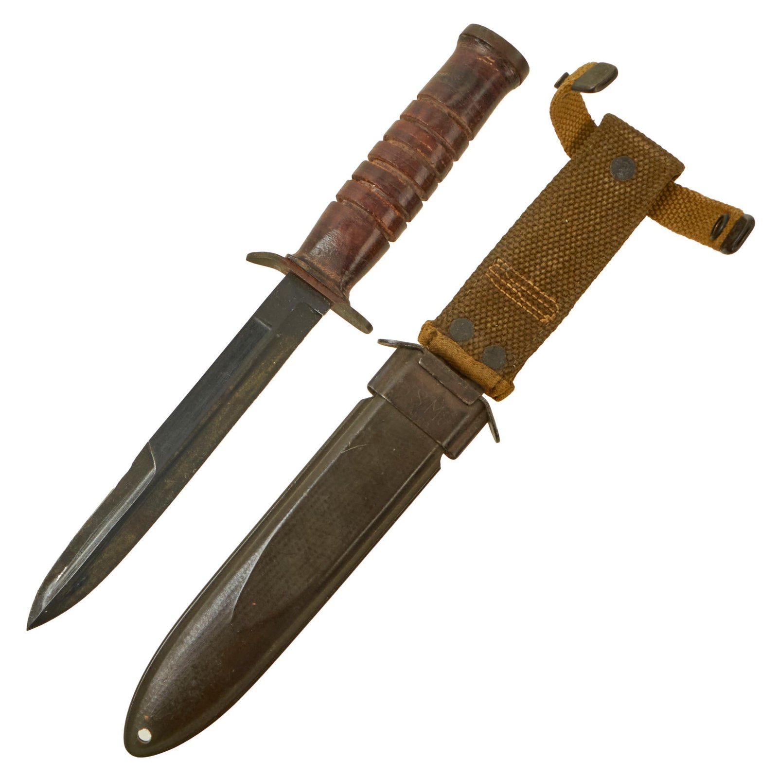 Buy Original U.S. WWII M3 Fighting Knife by CASE with Great Transitional M8 Scabbard by B.M. Co. with Khaki & OD Green Canvas | Original Firearms Antique For Sale