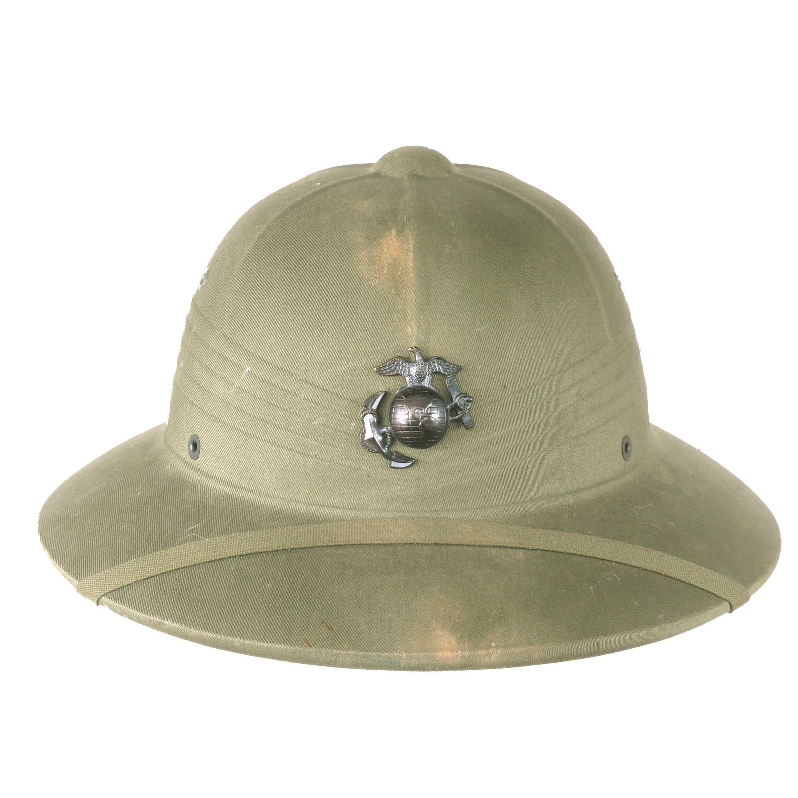 Buy Original U.S. WWII-Era US Marine Corps Issue M-1940 Pressed Fiber Sun Helmet with Original Chinstrap & EGA Device | Original Firearms Antique For Sale