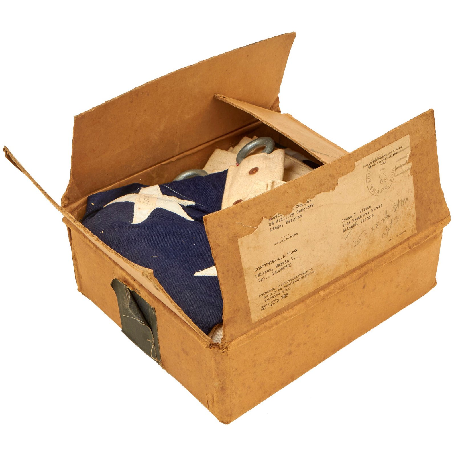 Buy Original U.S. WWII Burial Flag of KIA Tail Gunner Sergeant Marvin Thrower Wilson, 754th Bomb Squadron “Ford’s Folly” in Original Shipping Box - 5 x 9½ Feet | Original Firearms Antique For Sale
