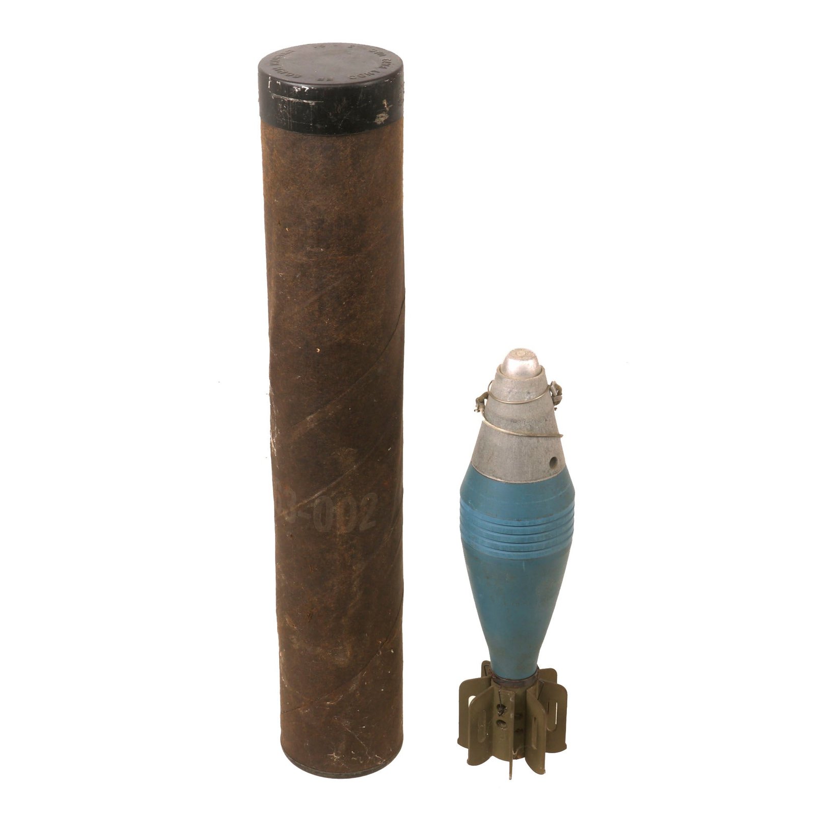 Buy Original U.S. Vietnam War Inert 60mm HE M49A2 Practice Mortar Round in Original Husk Container - Dated 1969 | Original Firearms Antique For Sale