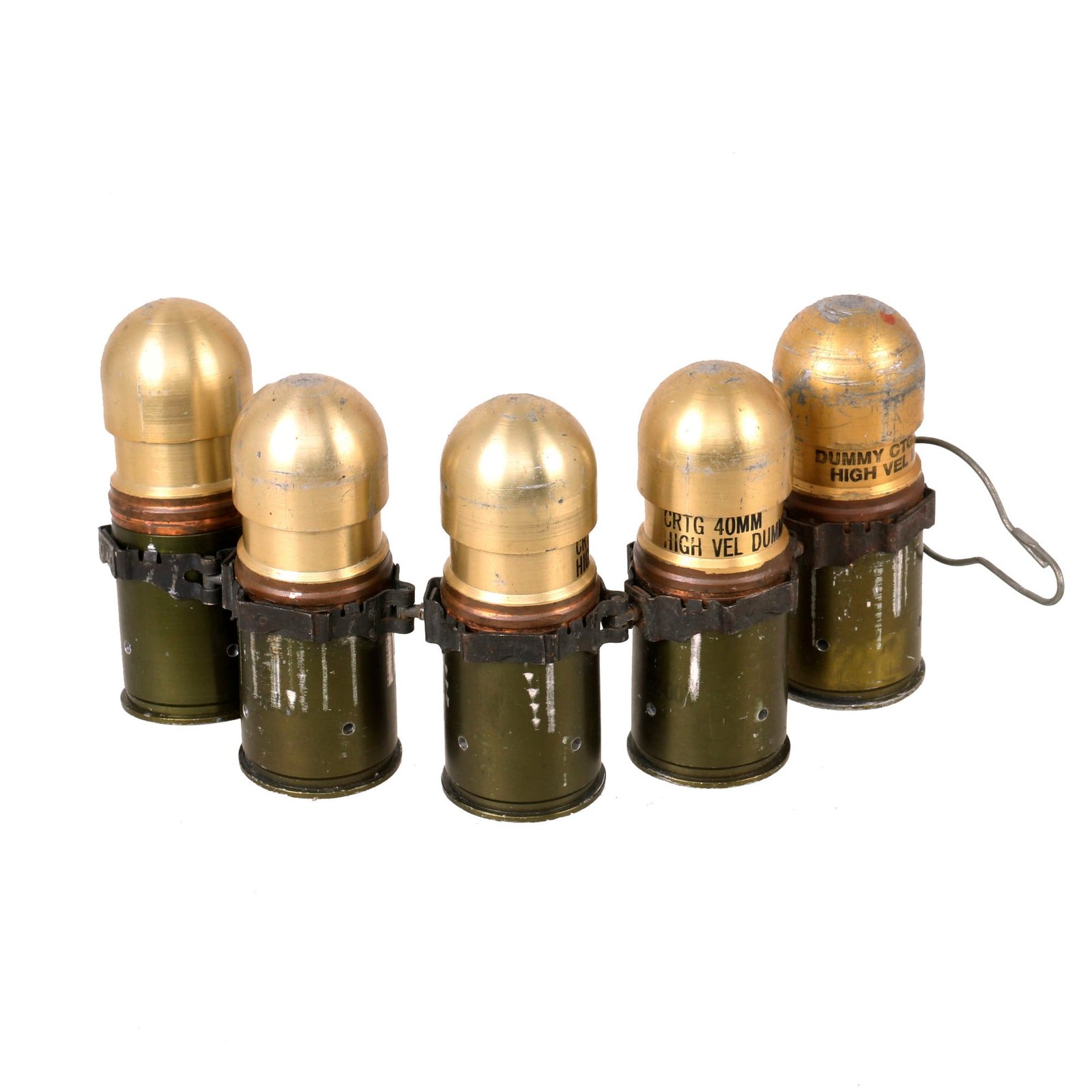 Buy Original U.S. Desert Storm Era Inert 40mm HE Rounds on MK19 Links for the Mark 19 Grenade Launcher - Lot of 5 | Original Firearms Antique For Sale