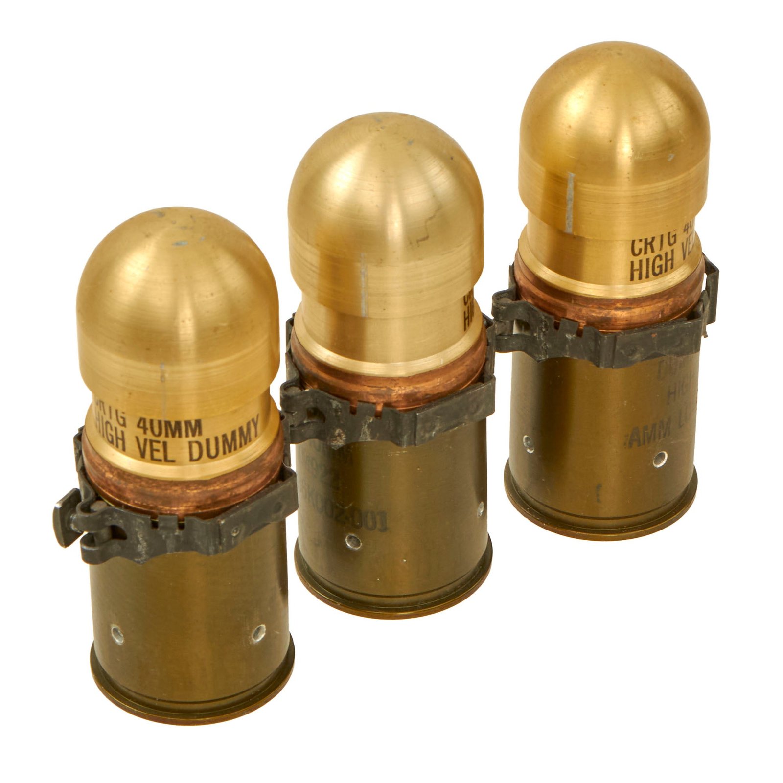 Buy Original U.S. Desert Storm Era Inert 40mm HE Rounds on MK19 Links for the Mark 19 Grenade Launcher - Lot of 3 | Original Firearms Antique For Sale