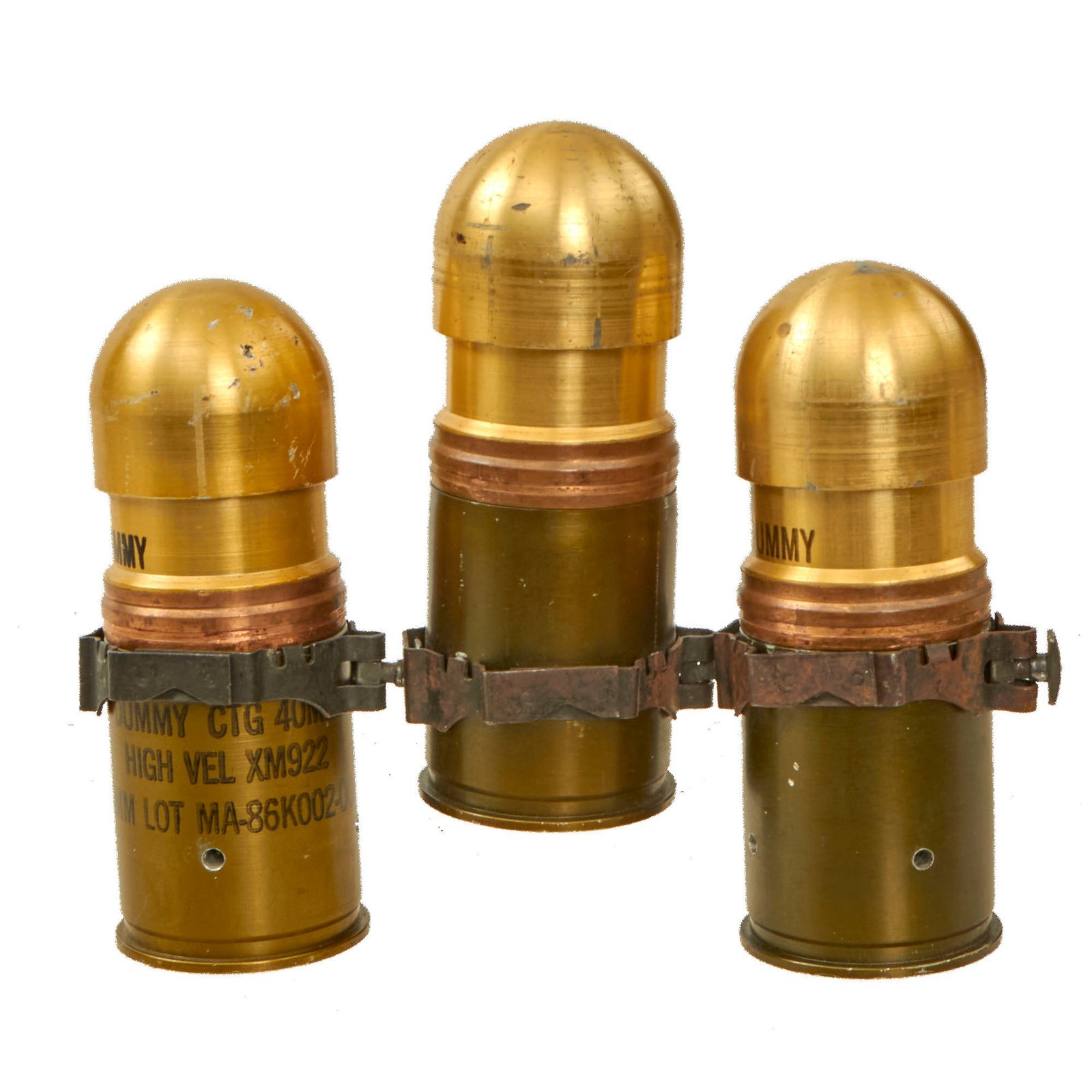 Buy Original U.S. Desert Storm Era Inert 40mm HE Rounds on MK19 Links for the Mark 19 Grenade Launcher - Lot of 3 | Original Firearms Antique For Sale