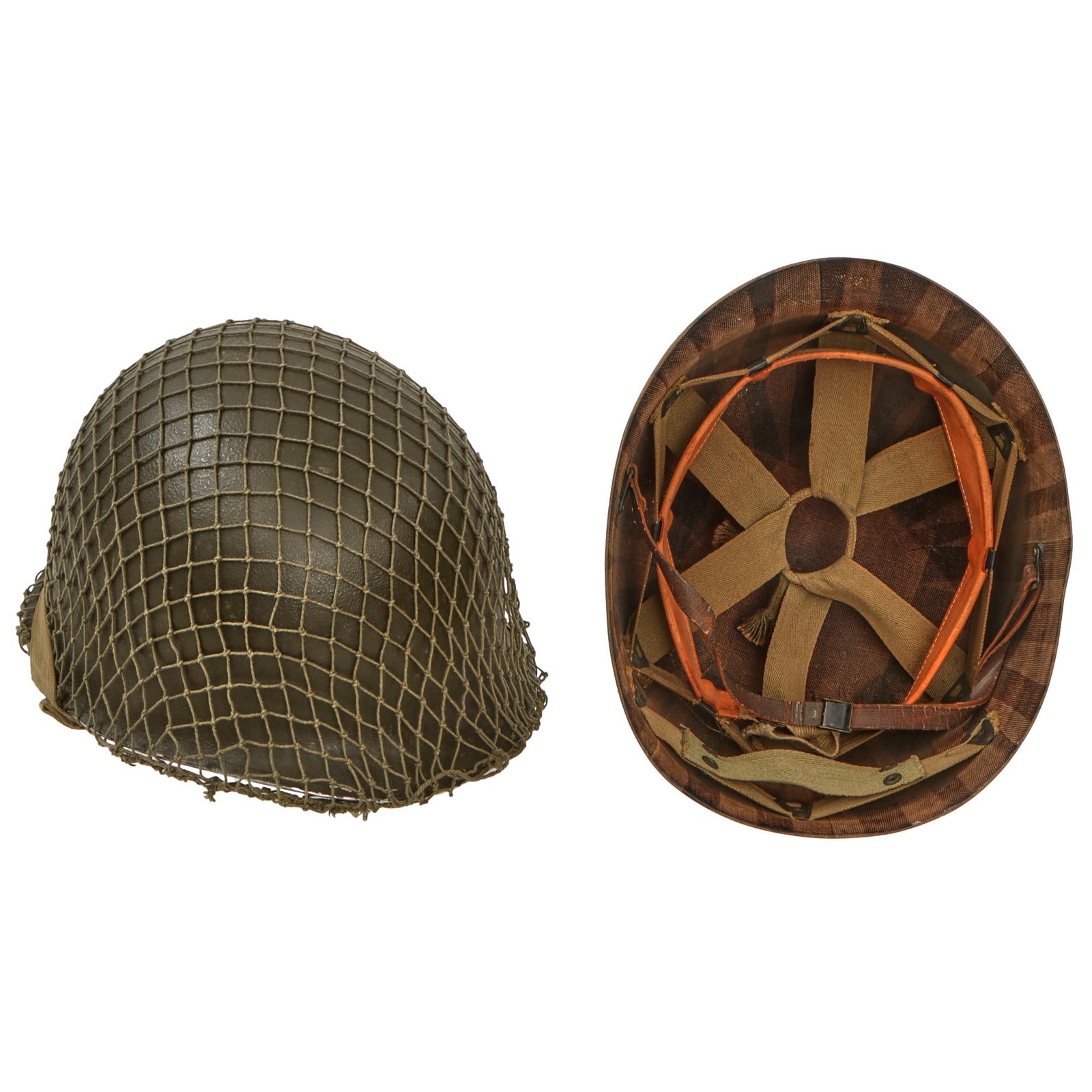 Original U.S. WWII 1943 M1 McCord Fixed Bale Front Seam Helmet with Net - Inland/Firestone Tire & Rubber Co Liner